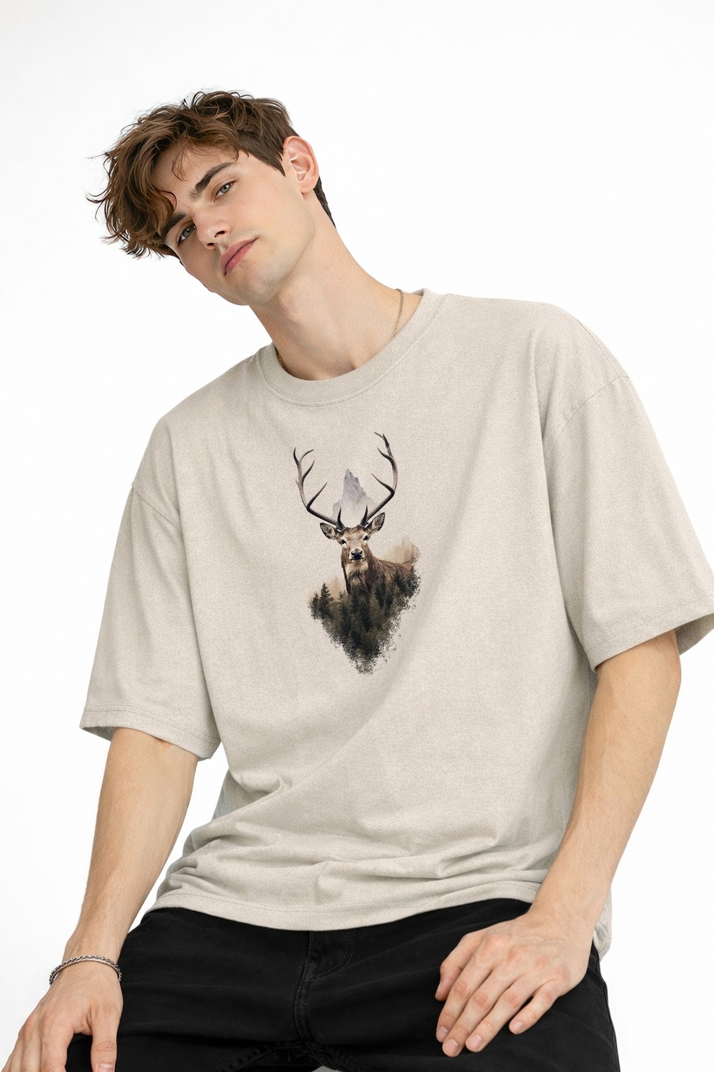 TeknoKapsül Deer - Oversize Erkek Tişört Bej