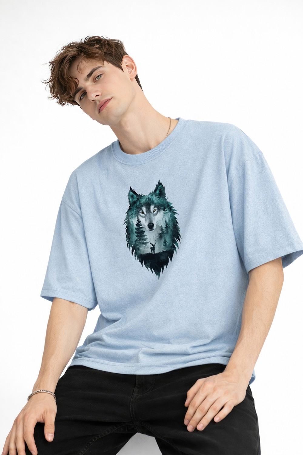 TeknoKapsül Wolf - Oversize Erkek Tişört Bebek Mavisi