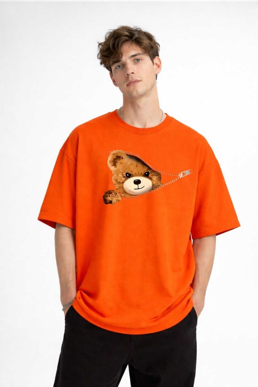 TeknoKapsül Mn - Bear Baskılı Oversize Tişört Turuncu