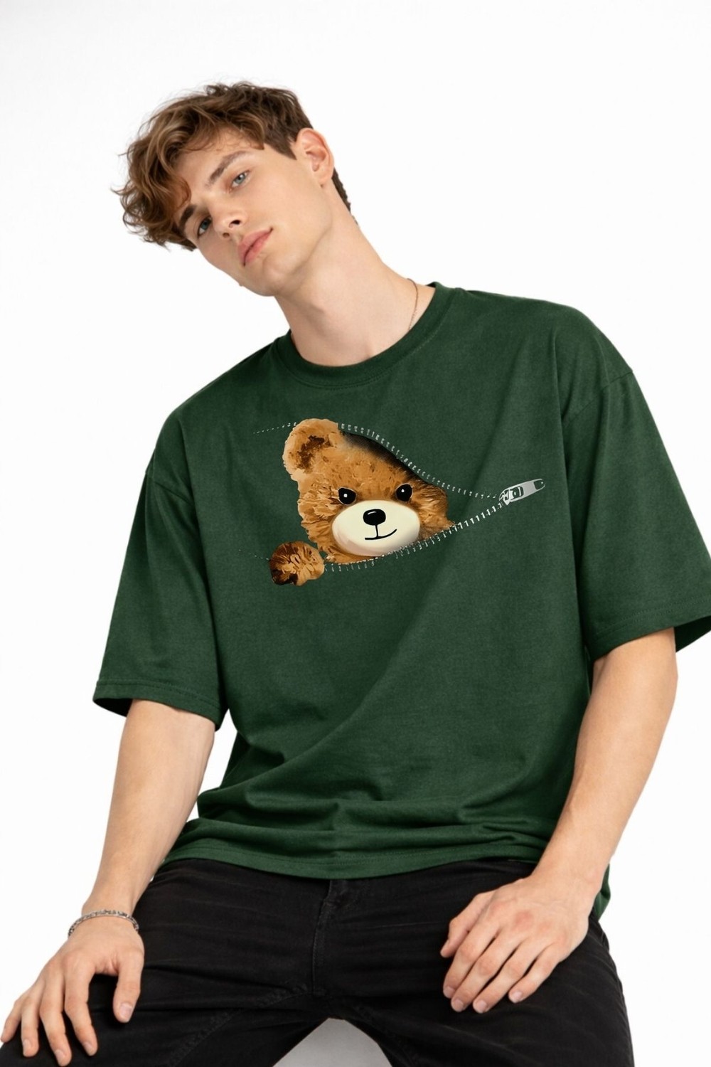 TeknoKapsül Mn - Bear Baskılı Oversize Tişört Hakı