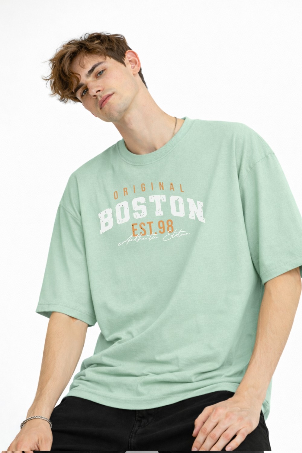 TeknoKapsül Boston - Baskılı Oversize Tişört Su Yesılı