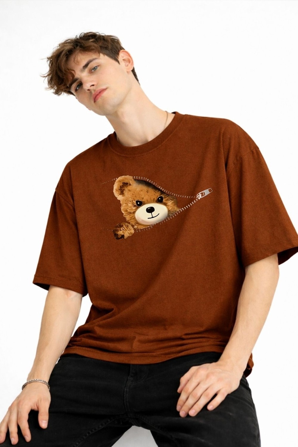 TeknoKapsül Mn - Bear Baskılı Oversize Tişört Kahve