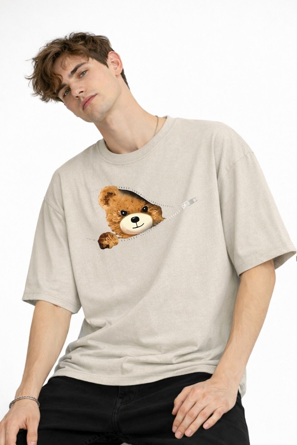 TeknoKapsül Mn - Bear Baskılı Oversize Tişört Bej