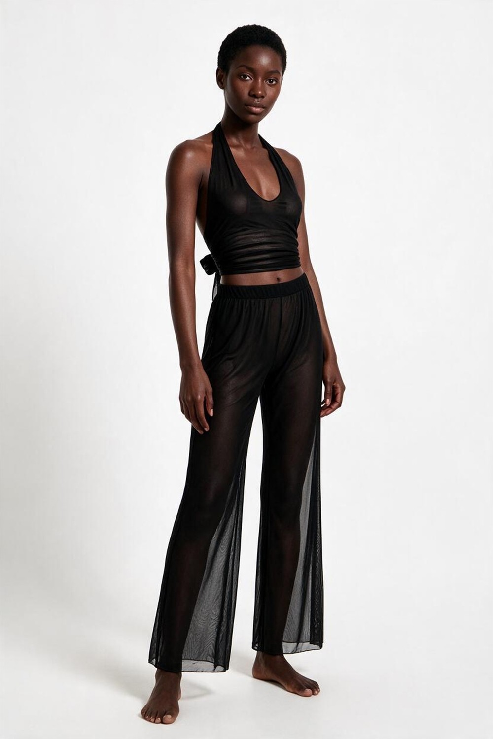 Aquella Siyah Tül Crop Top-Pantolon Takım