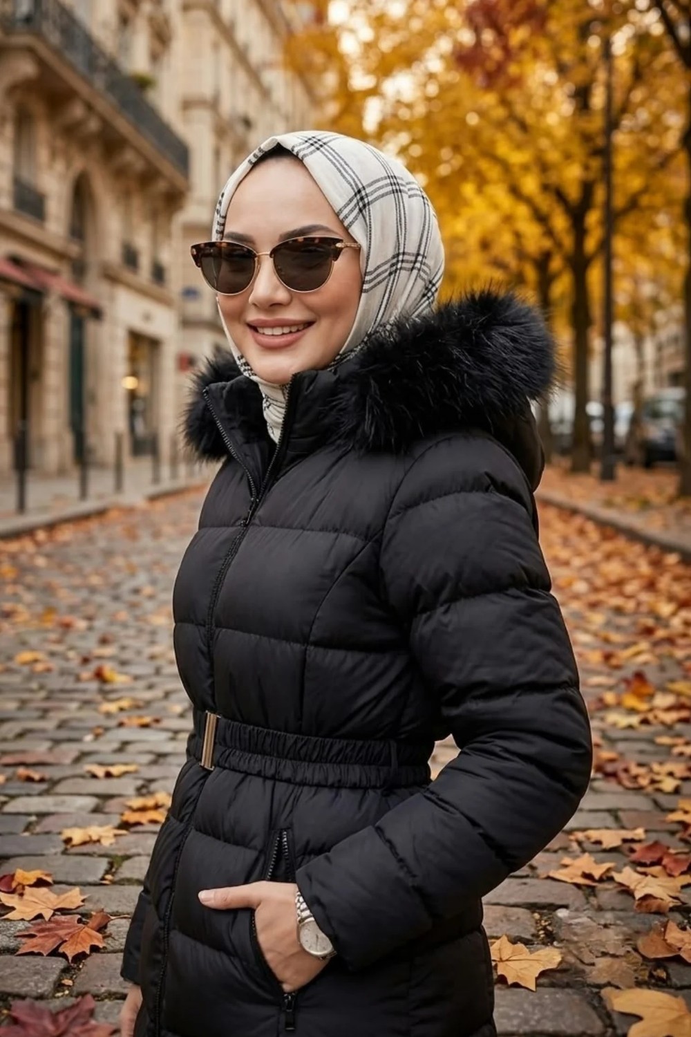 Harma Time Butik Kadın Kapüşonlu Kemerli Uzun Şişme Siyah Mont görsel 6