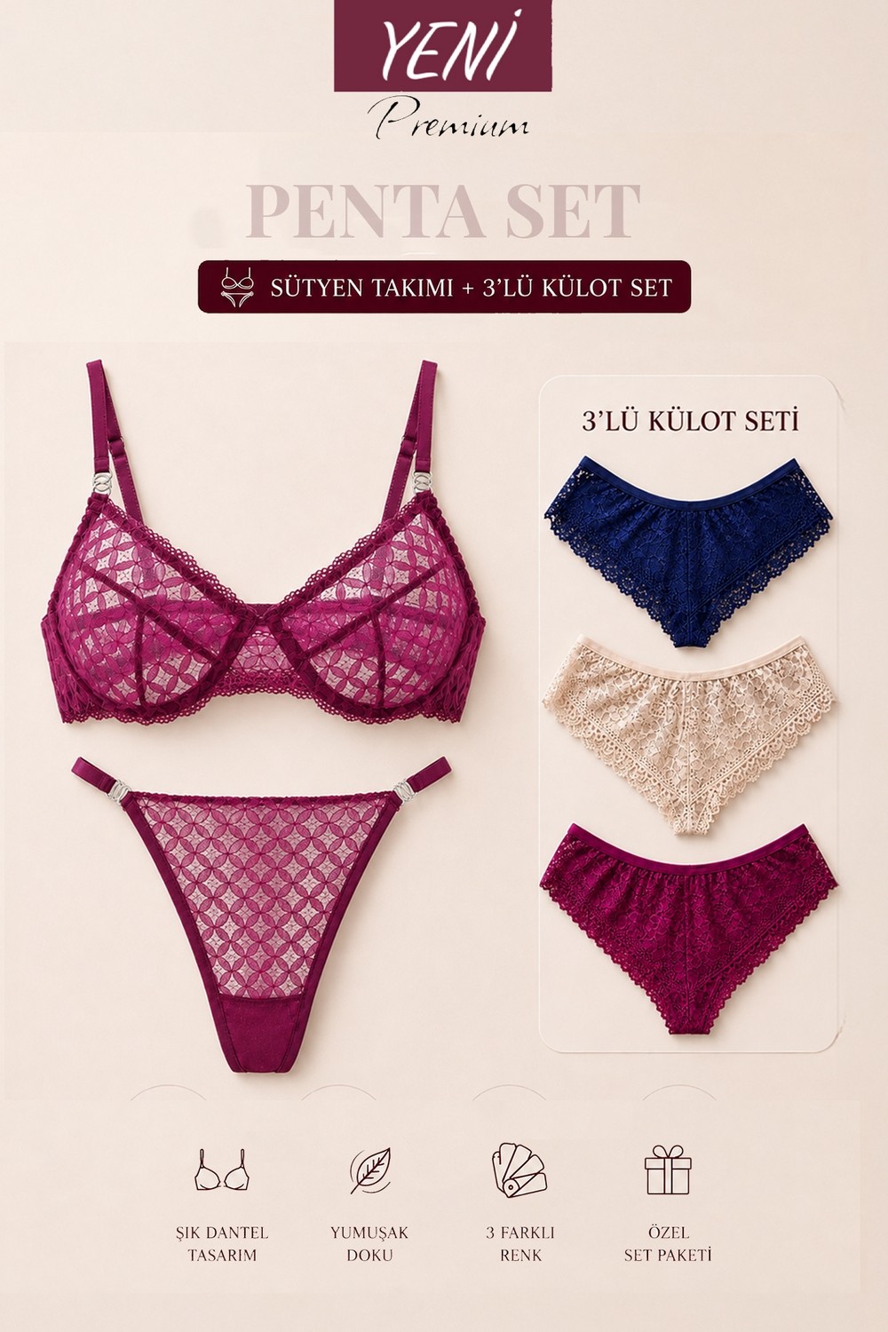 Valunor Duo Set Floral Sarı Kırmızı Çiçekli ve Glam Kırmızı Fantazi Kadın İç Giyim Takımı Dantelli Bralet Tanga 2'li Set - SET1