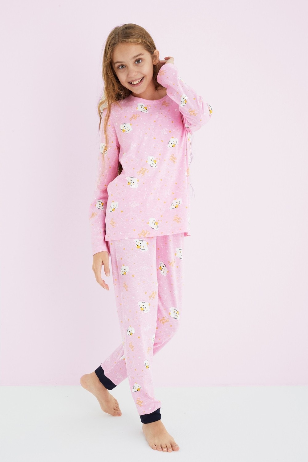 Siyah İnci Kız Çocuk Pembe Renkli Desenli Pamuklu Pijama Takım 24225704