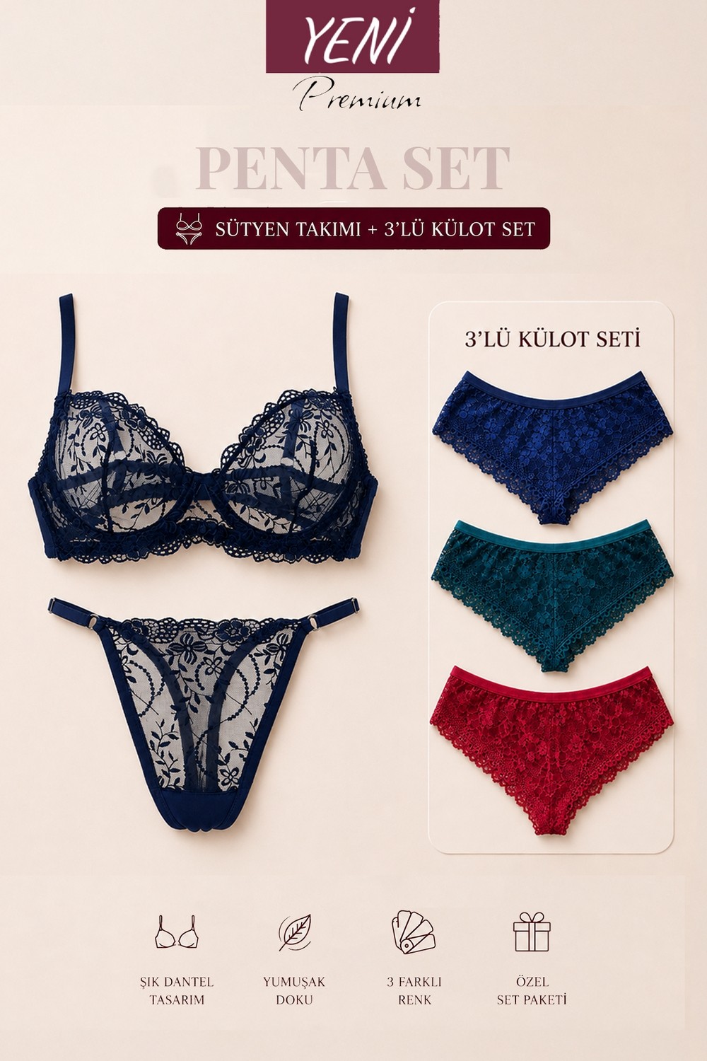 Valunor Duo Set Floral Sarı Kırmızı Çiçekli ve Glam Kırmızı Fantazi Kadın İç Giyim Takımı Dantelli Bralet Tanga 2'li Set - SET1