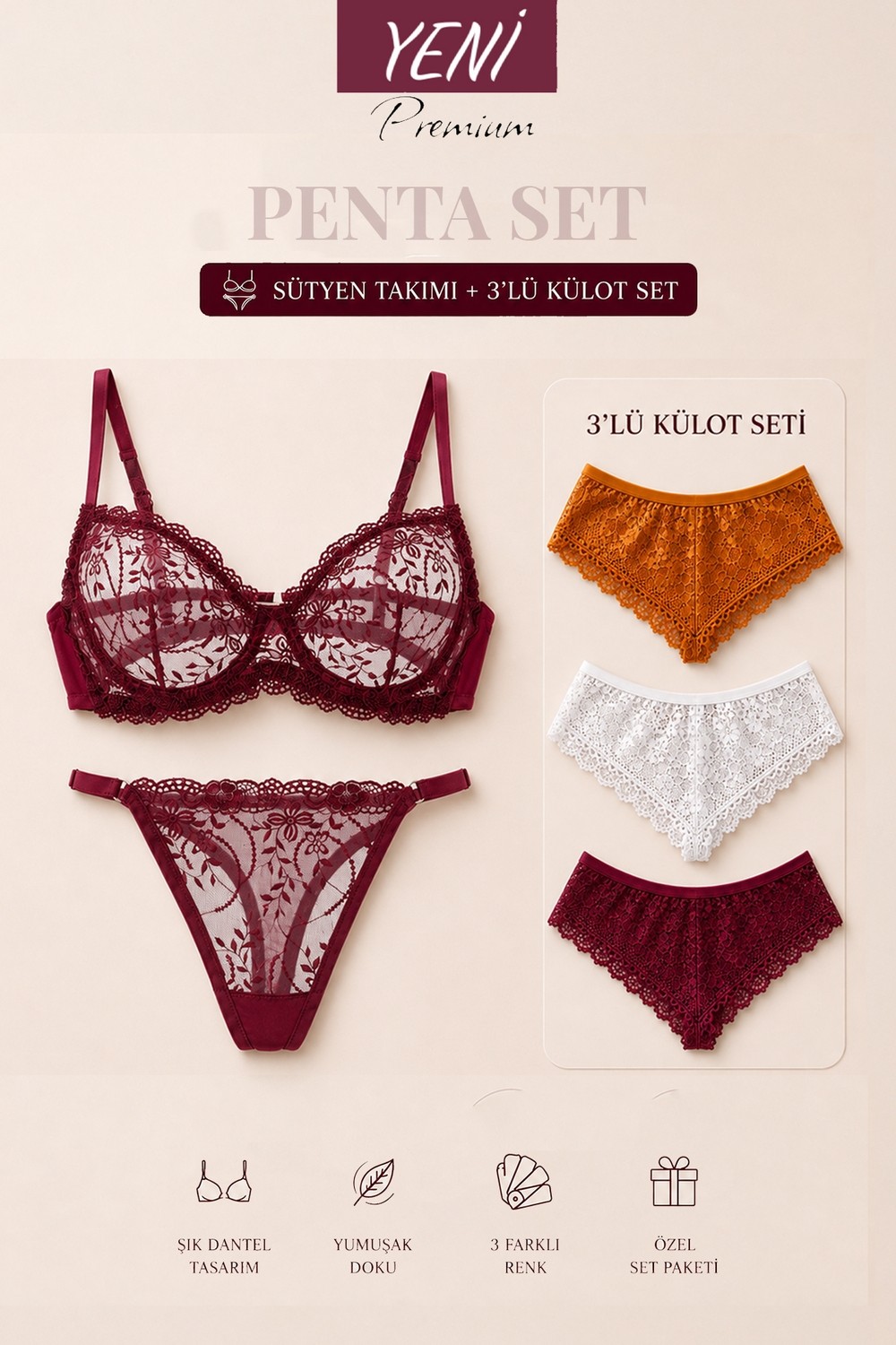 Valunor Duo Set Floral Sarı Kırmızı Çiçekli ve Glam Kırmızı Fantazi Kadın İç Giyim Takımı Dantelli Bralet Tanga 2'li Set - SET1