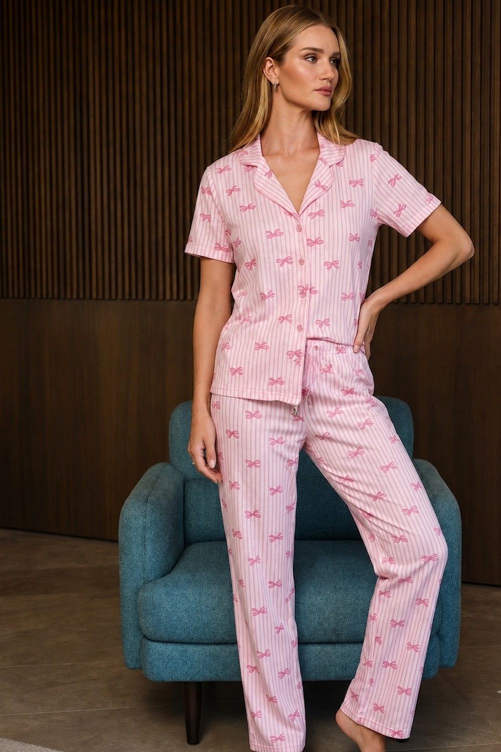 Fit Women Bol Kesim V Yaka Örme Su Yeşili Pijama Takımı
