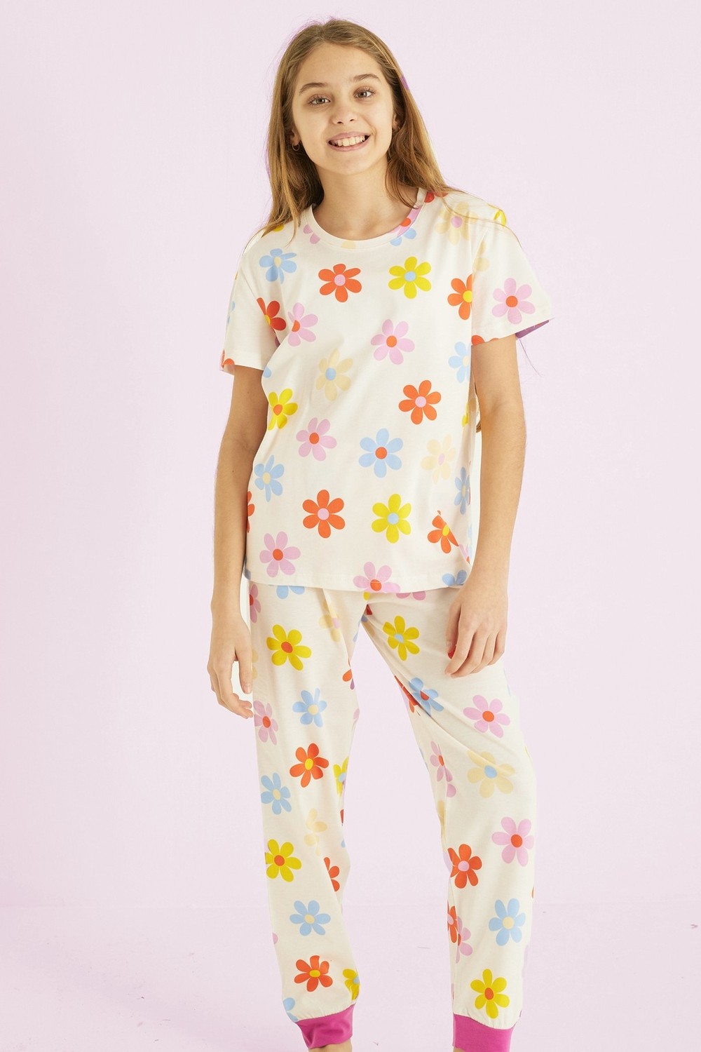 Siyah İnci Ekru Kız Çocuk %100 Pamuk Çiçek Baskılı Bisiklet Yaka Pijama TAKIM25110054