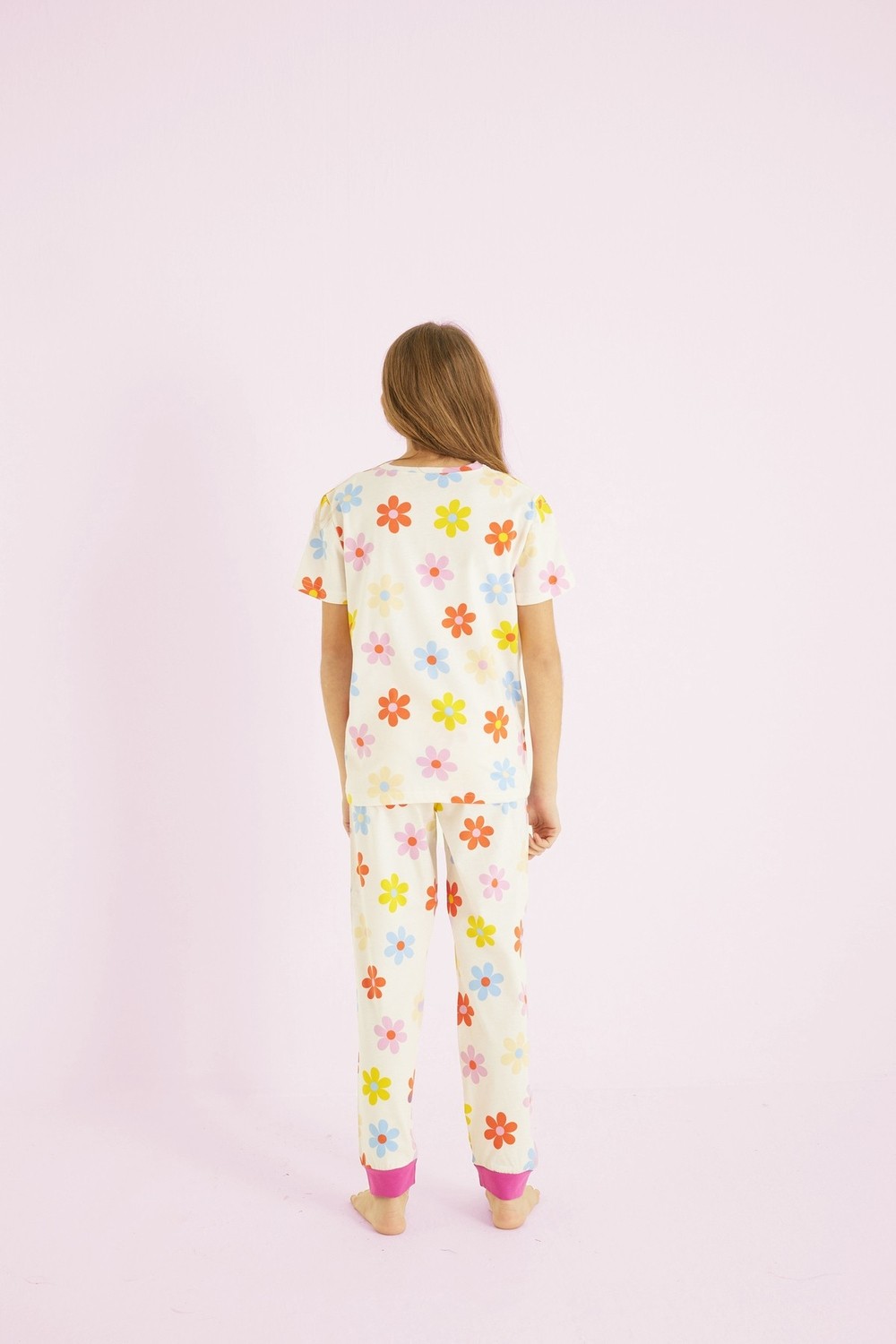 Siyah İnci Ekru Kız Çocuk %100 Pamuk Çiçek Baskılı Bisiklet Yaka Pijama TAKIM25110054 görsel 2