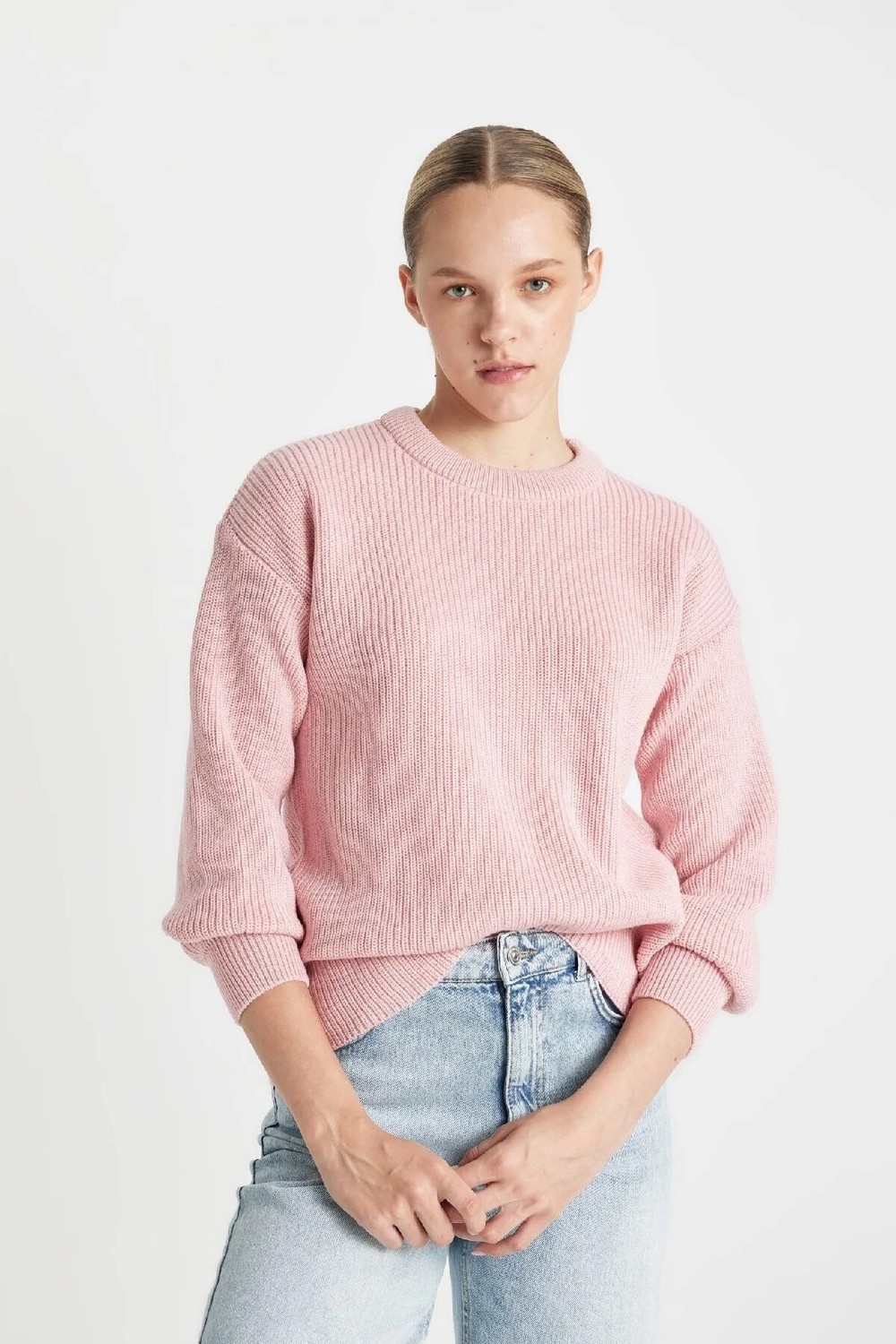 DeFacto Regular Fit Bisiklet Yaka Selanik Kumaş Basic Düz Triko Kazak H6905AZ24WN görsel 3