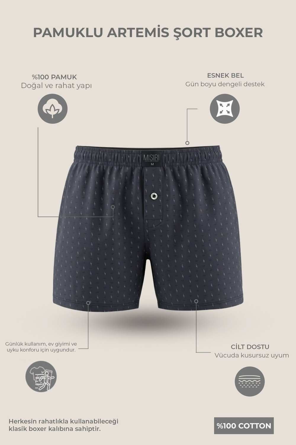 Mısırlı Erkek Pamuk Artemis Relax Fit Boxer Yıldız Desenli/Füme görsel 2
