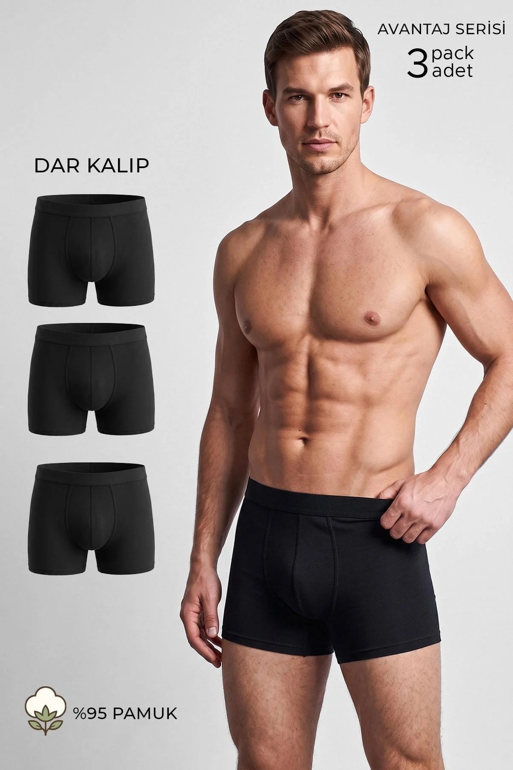 Mısırlı Erkek Pamuklu Slim Fit Klasik Üçlü Boxer Siyah