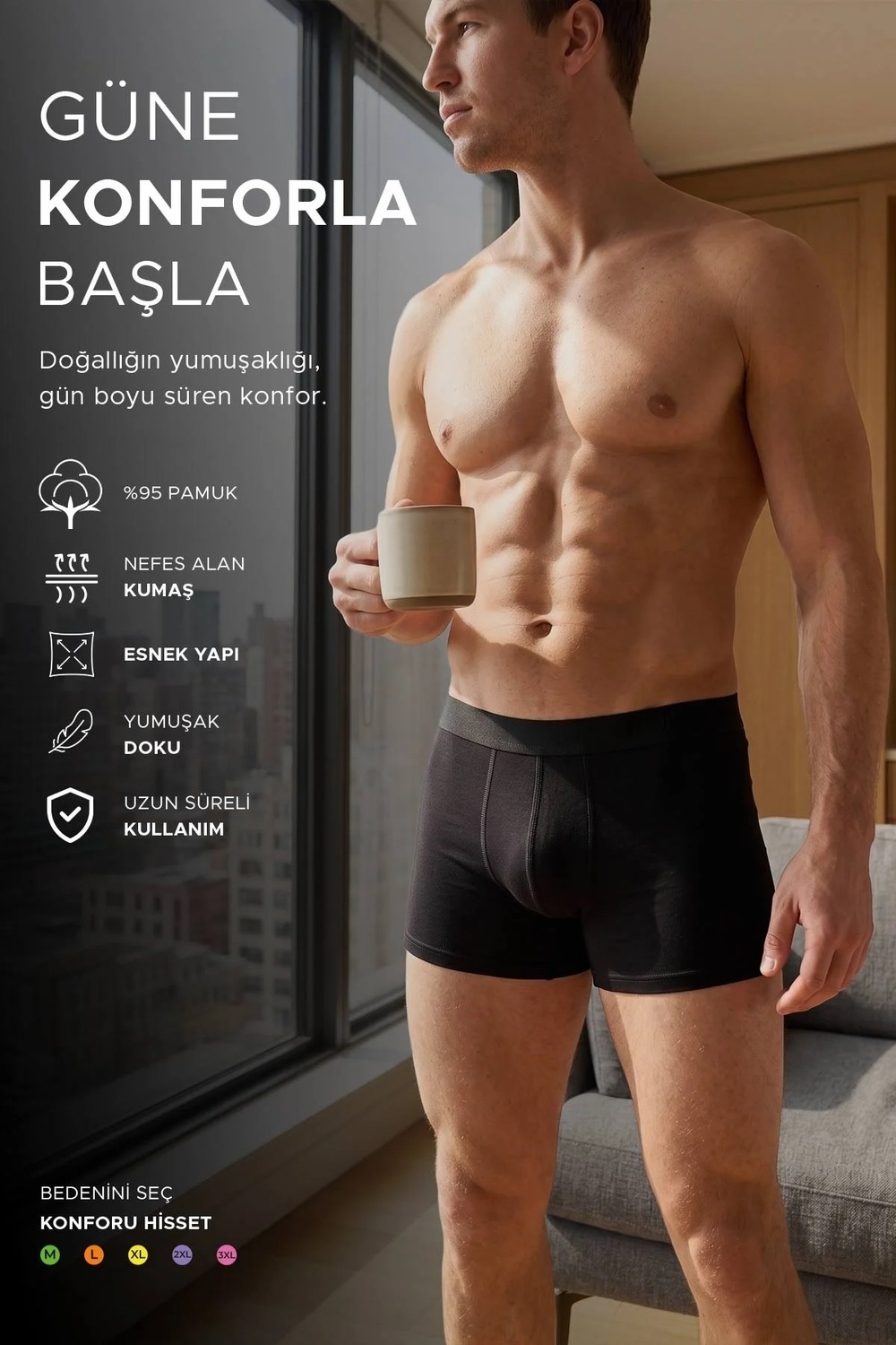 Mısırlı Erkek Pamuklu Slim Fit Klasik Üçlü Boxer Siyah görsel 5