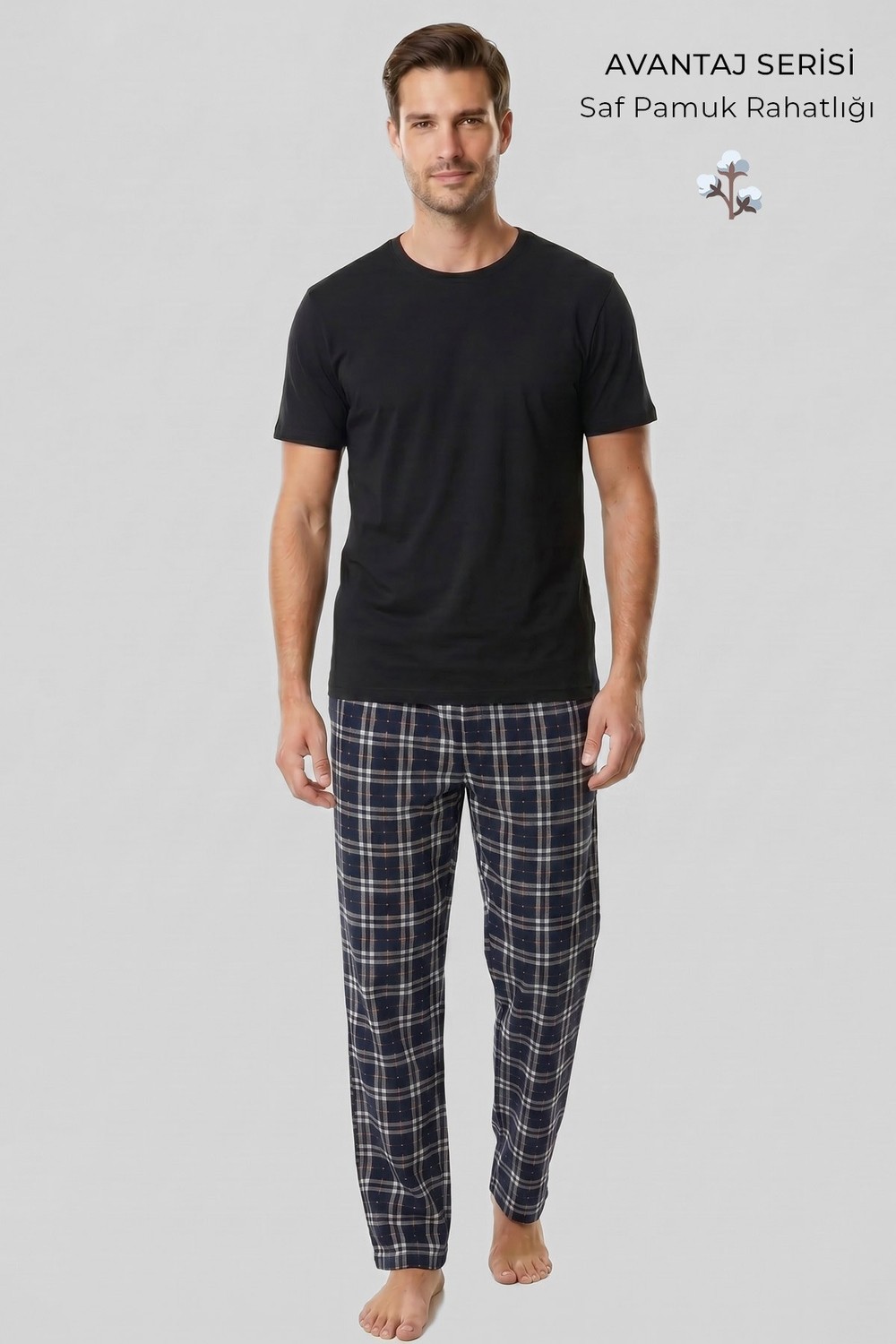 Mısırlı Erkek Pamuk Ekoseli Alt Pijama Açık Kırmızıı görsel 4