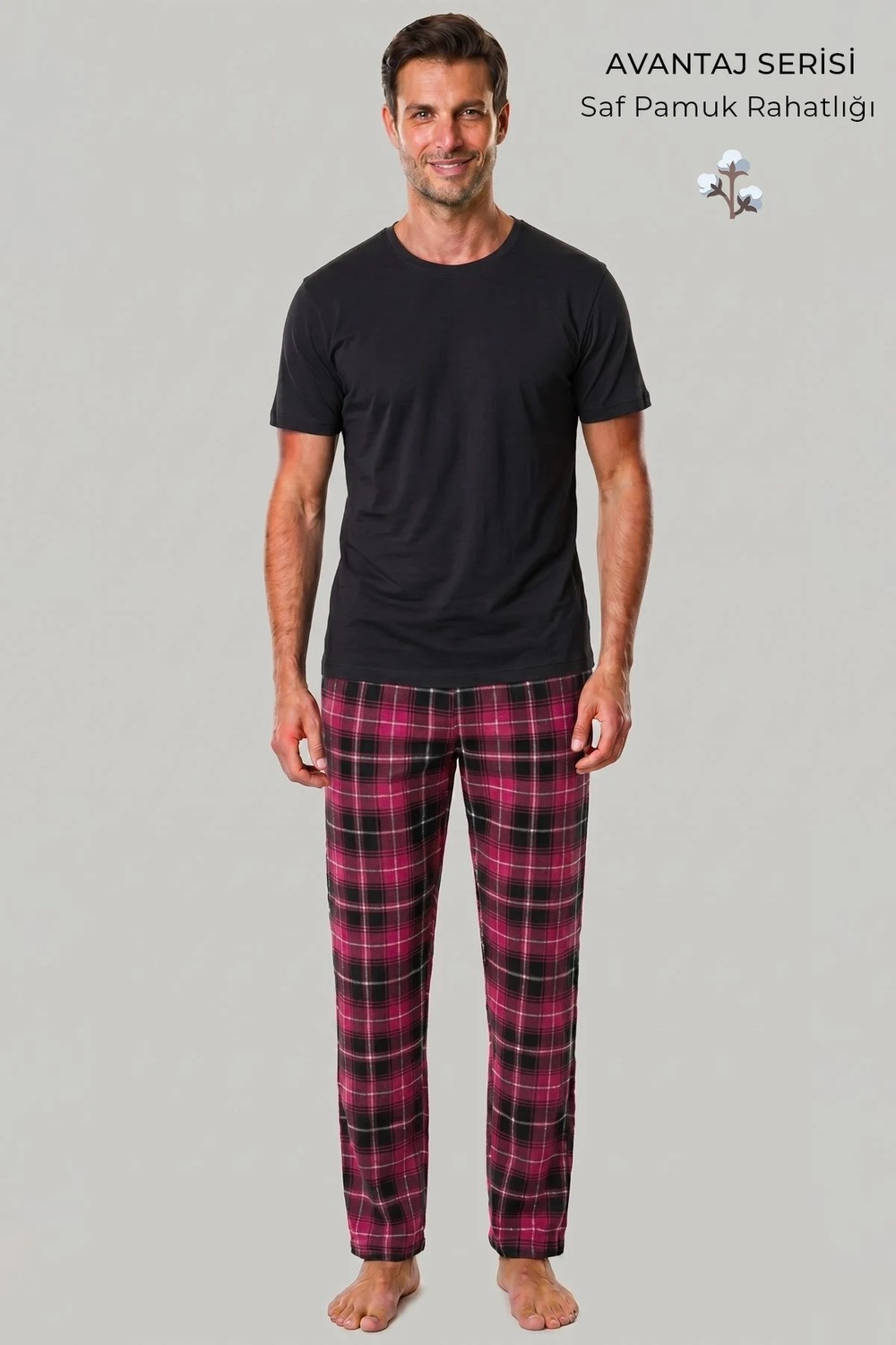 Mısırlı Erkek Pamuk Ekoseli Alt Pijama Açık Kırmızıı