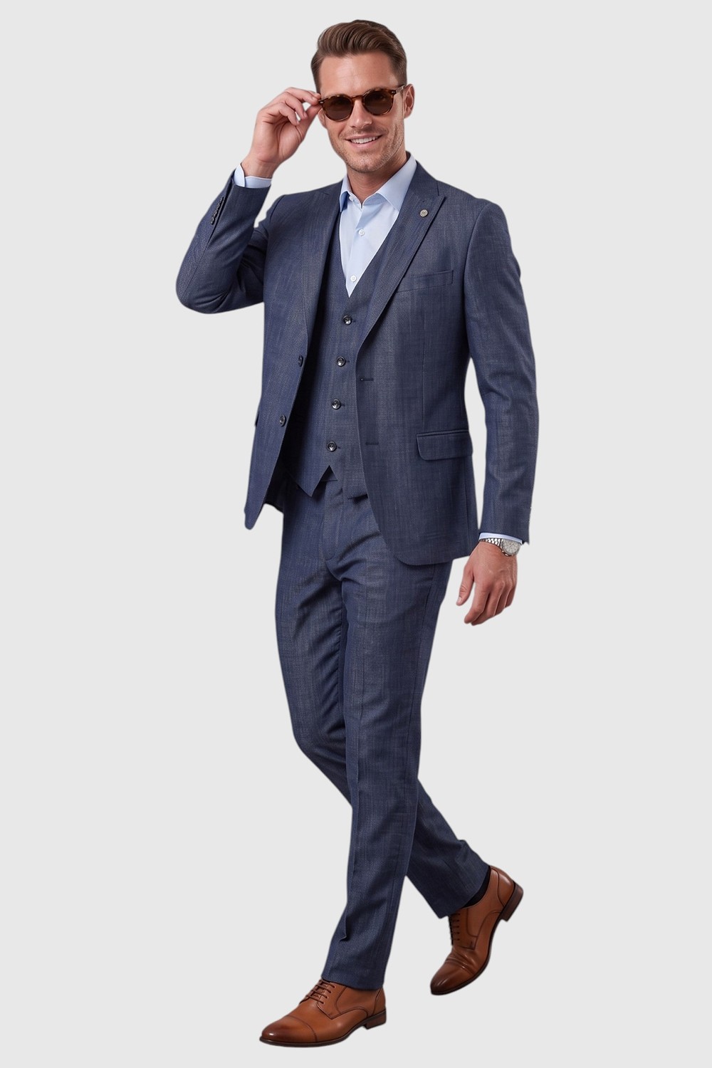 Deepsea Koyu Lacivert 3 Parça Slim Fit Yelekli Erkek Takım Elbise, Çift Yırtmaçlı Modern Kesim 2601631 görsel 2