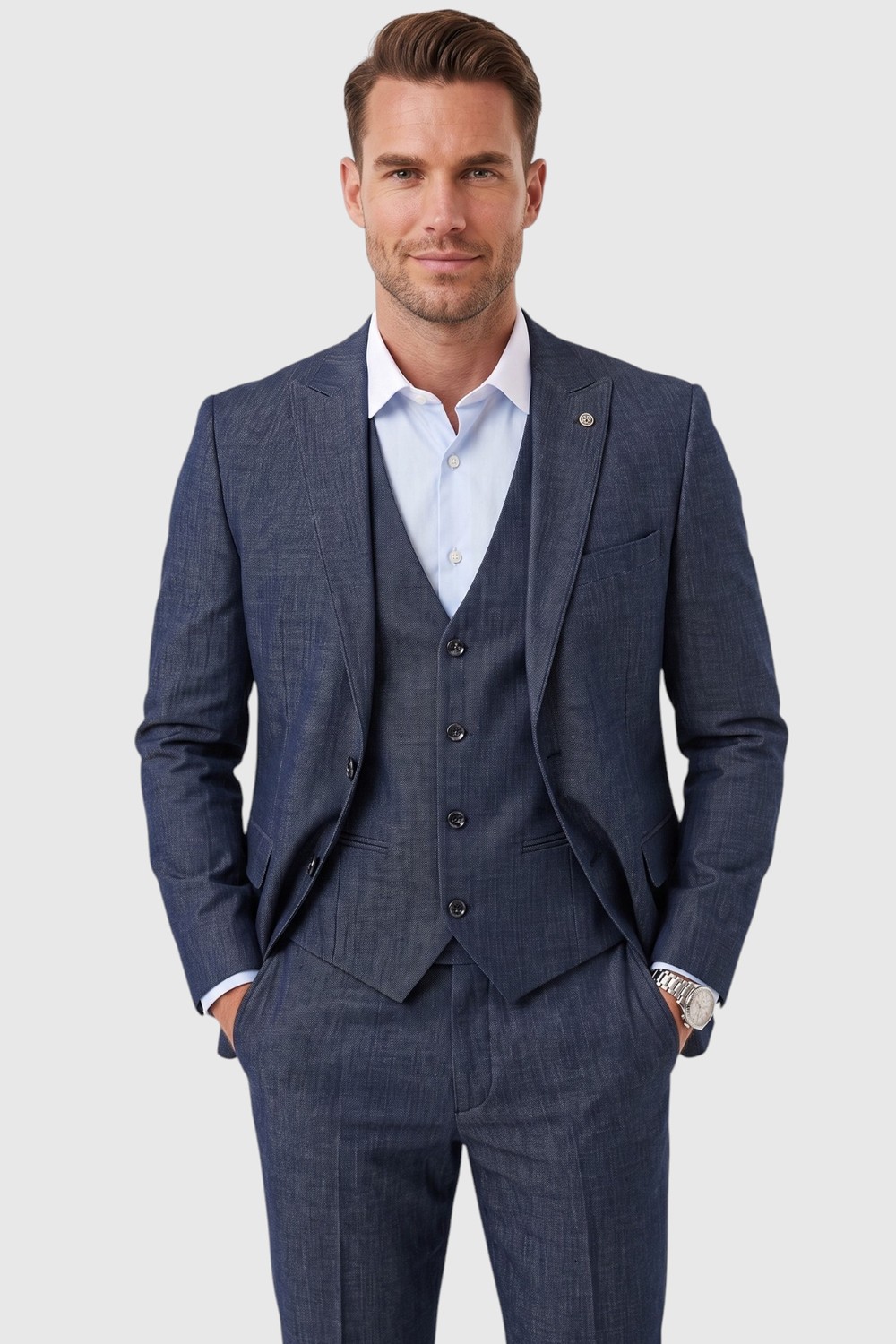 Deepsea Koyu Lacivert 3 Parça Slim Fit Yelekli Erkek Takım Elbise, Çift Yırtmaçlı Modern Kesim 2601631 görsel 3