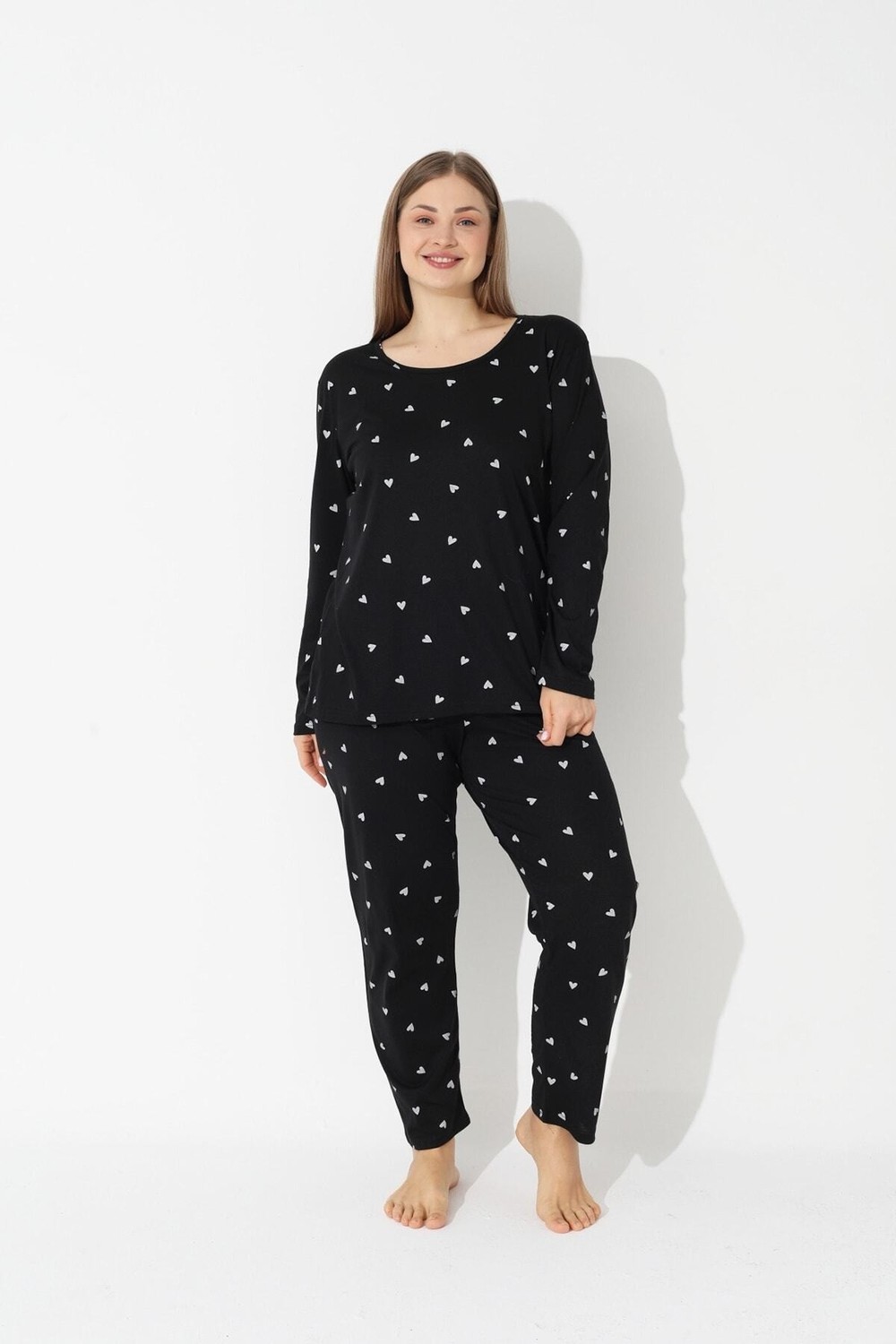 Siyah İnci Kadın Siyah Kalp Desenli Curve Büyük Beden Battal Boy Pamuklu Pijama Takımı Rahat Kesim görsel 8