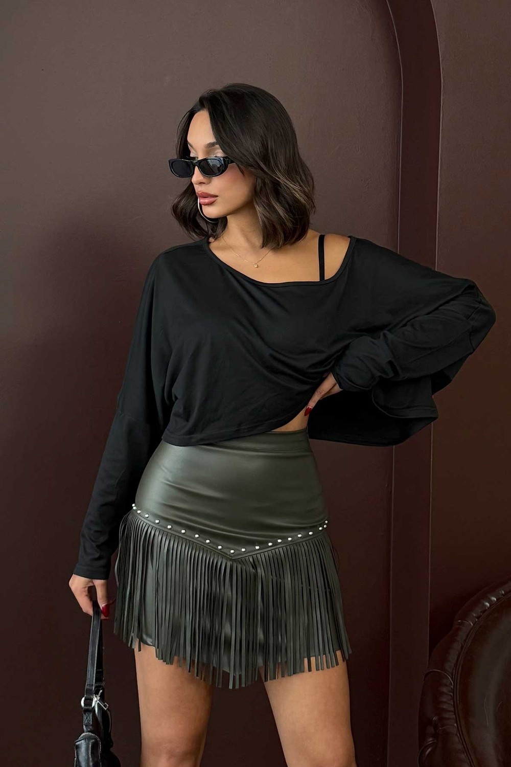 Very Moda Western Tarz Püsküllü Mini Deri Etek | F2041 görsel 3