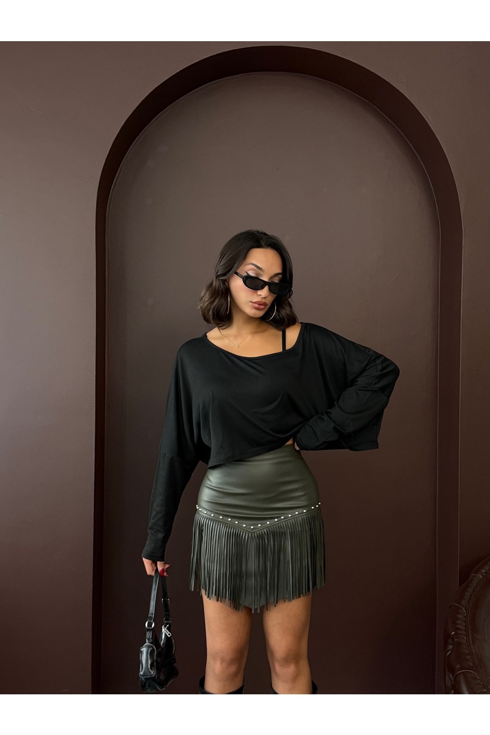 Very Moda Western Tarz Püsküllü Mini Deri Etek | F2041 görsel 4