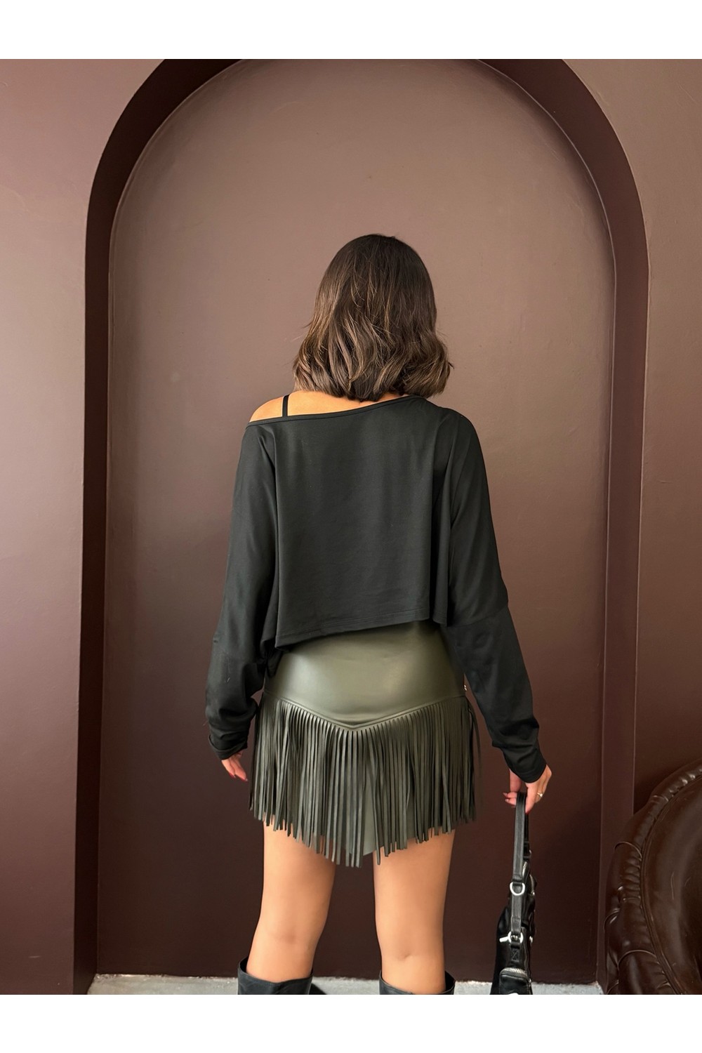 Very Moda Western Tarz Püsküllü Mini Deri Etek | F2041 görsel 6