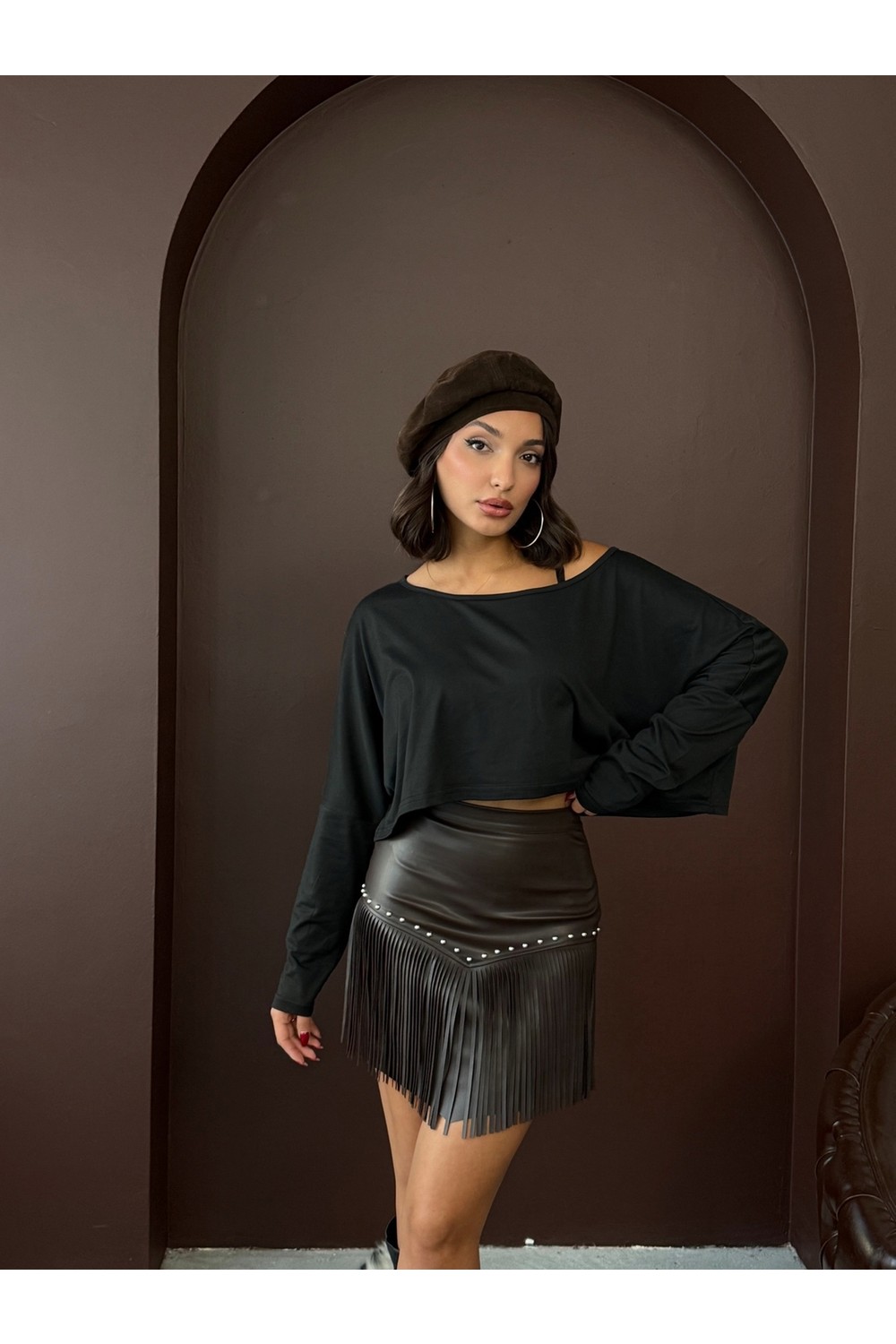 Very Moda Western Tarz Püsküllü Mini Deri Etek | F2041 görsel 2