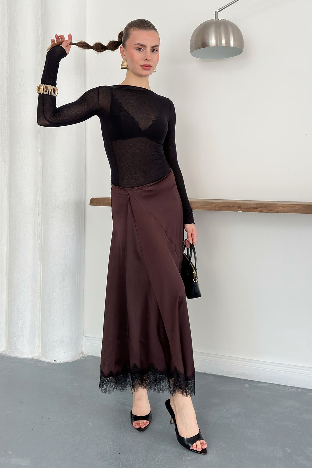 Very Moda Dantel Detaylı Saten Etek | D2930 görsel 6