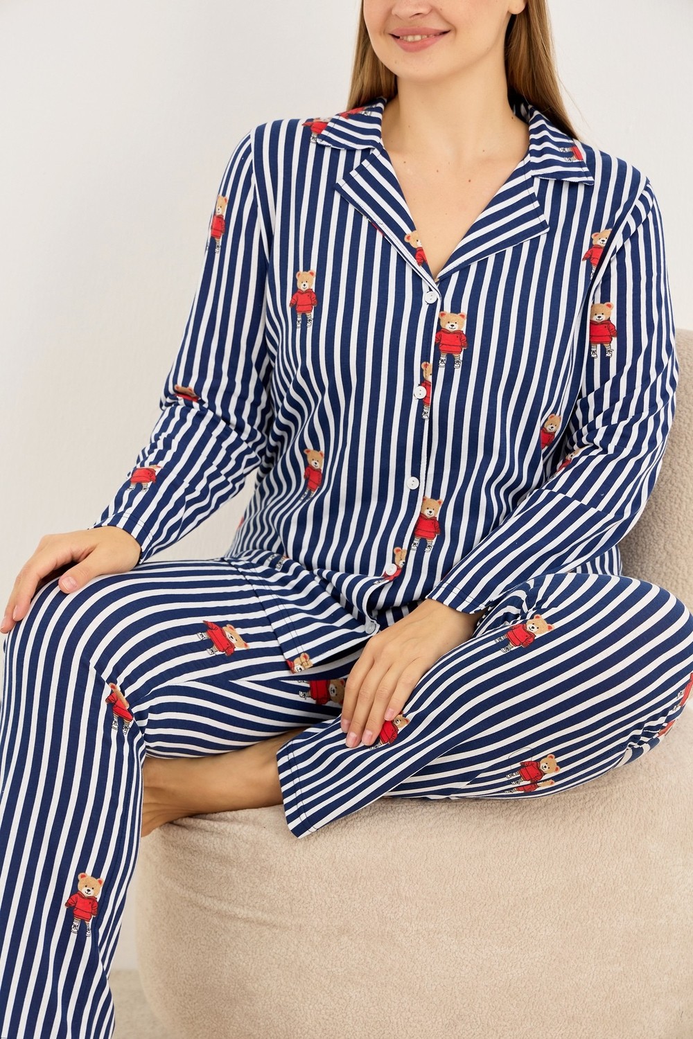 Siyah İnci Lacivert Çizgi Ayıcık Desenli Curve Büyük Beden Battal Boy Düğmeli Biyeli Pijama Takımı 7687