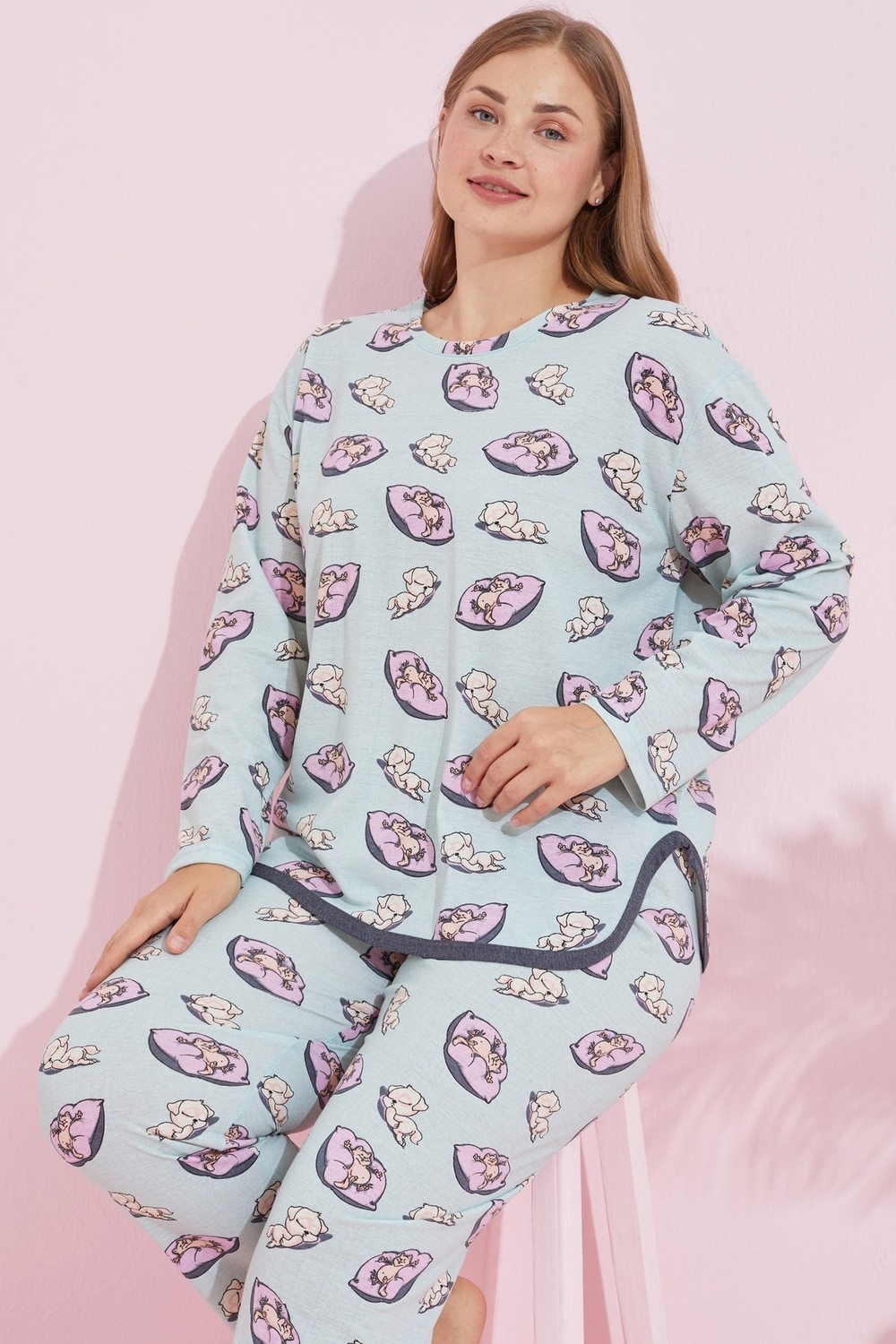 Siyah İnci Yeşil Pembe Yastık Desenli Biyeli Curve Büyük Beden Battal Boy Örme Pijama Takım 7779