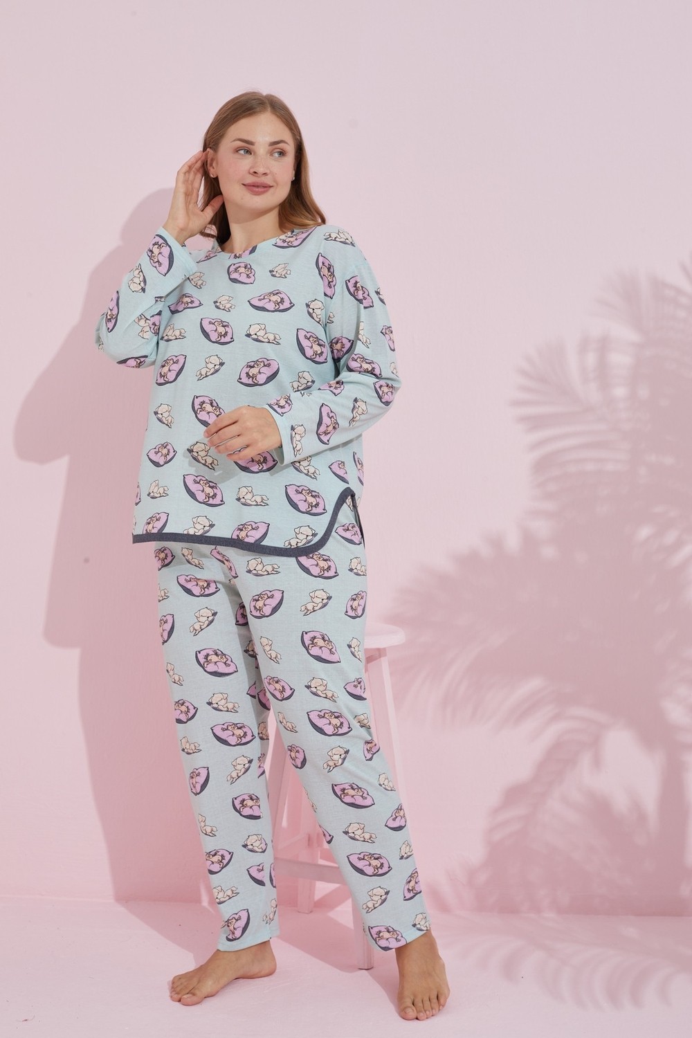 Siyah İnci Yeşil Pembe Yastık Desenli Biyeli Curve Büyük Beden Battal Boy Örme Pijama Takım 7779 görsel 2