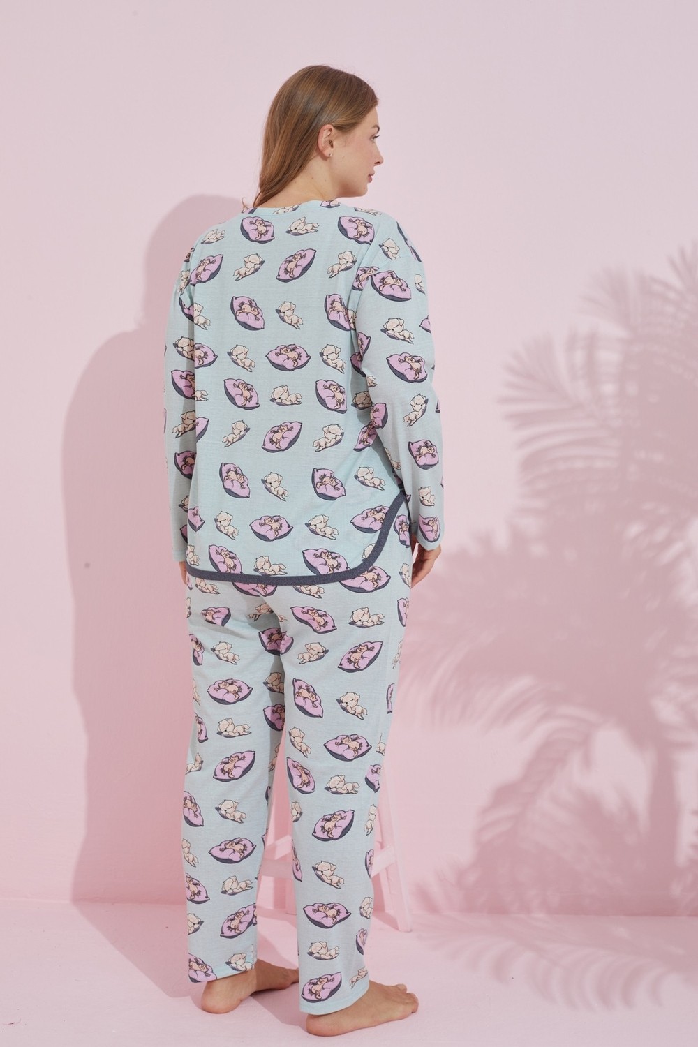 Siyah İnci Yeşil Pembe Yastık Desenli Biyeli Curve Büyük Beden Battal Boy Örme Pijama Takım 7779 görsel 3