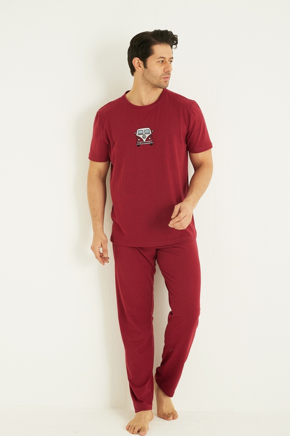 Siyah İnci Koyubordo Kısa Kollu Örme Nakışlı Erkek Pijama Takım 7794 görsel 2