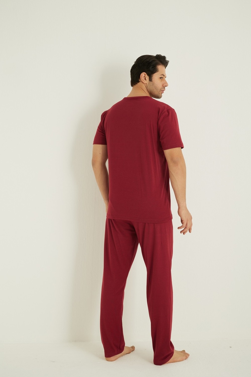 Siyah İnci Koyubordo Kısa Kollu Örme Nakışlı Erkek Pijama Takım 7794 görsel 3