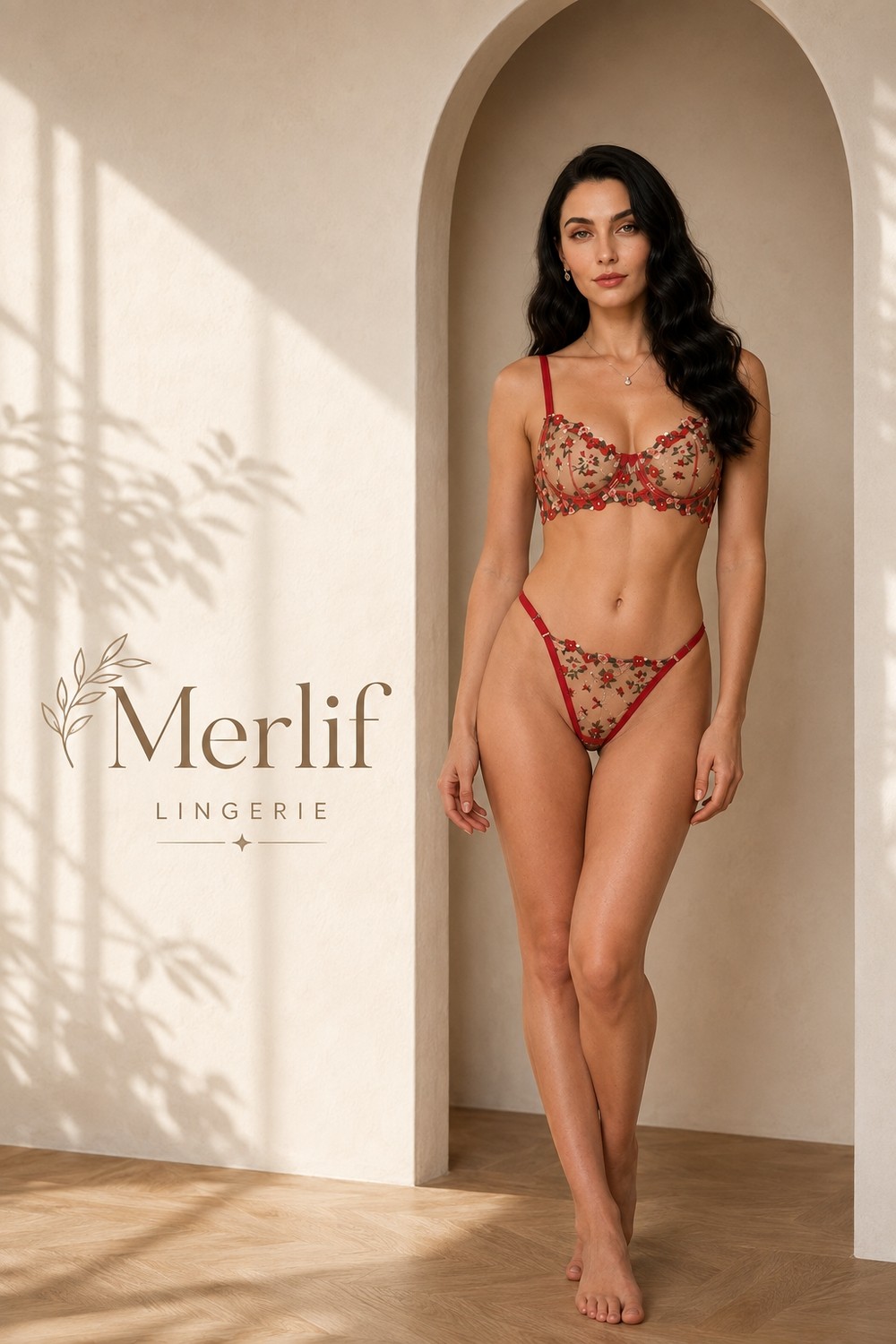 Merlif Lingerie Kırmızı Çıtır Desen Çiçekli Iç Çamaşır Takımı Kadın Bralette Balenli Sütyen & Tanga String, İç Giyim, Seksii, Fantazii görsel 3