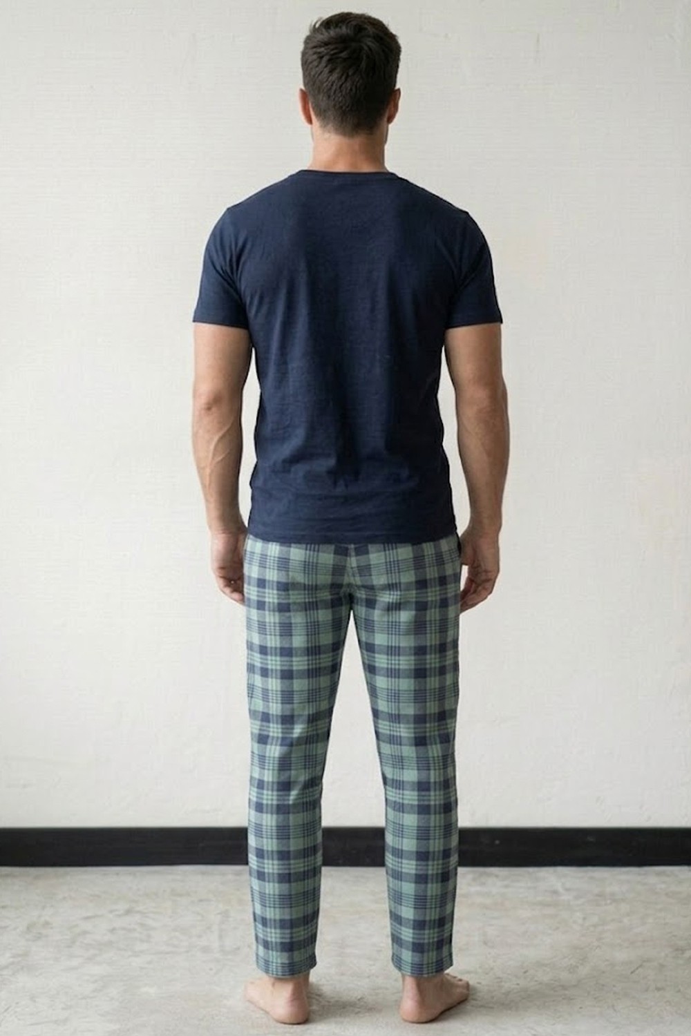 Siyah İnci Ekru Haki Ekose Desenli Cep Nakışlı Örme Kısa Kollu Pijama Takım 8000 görsel 3