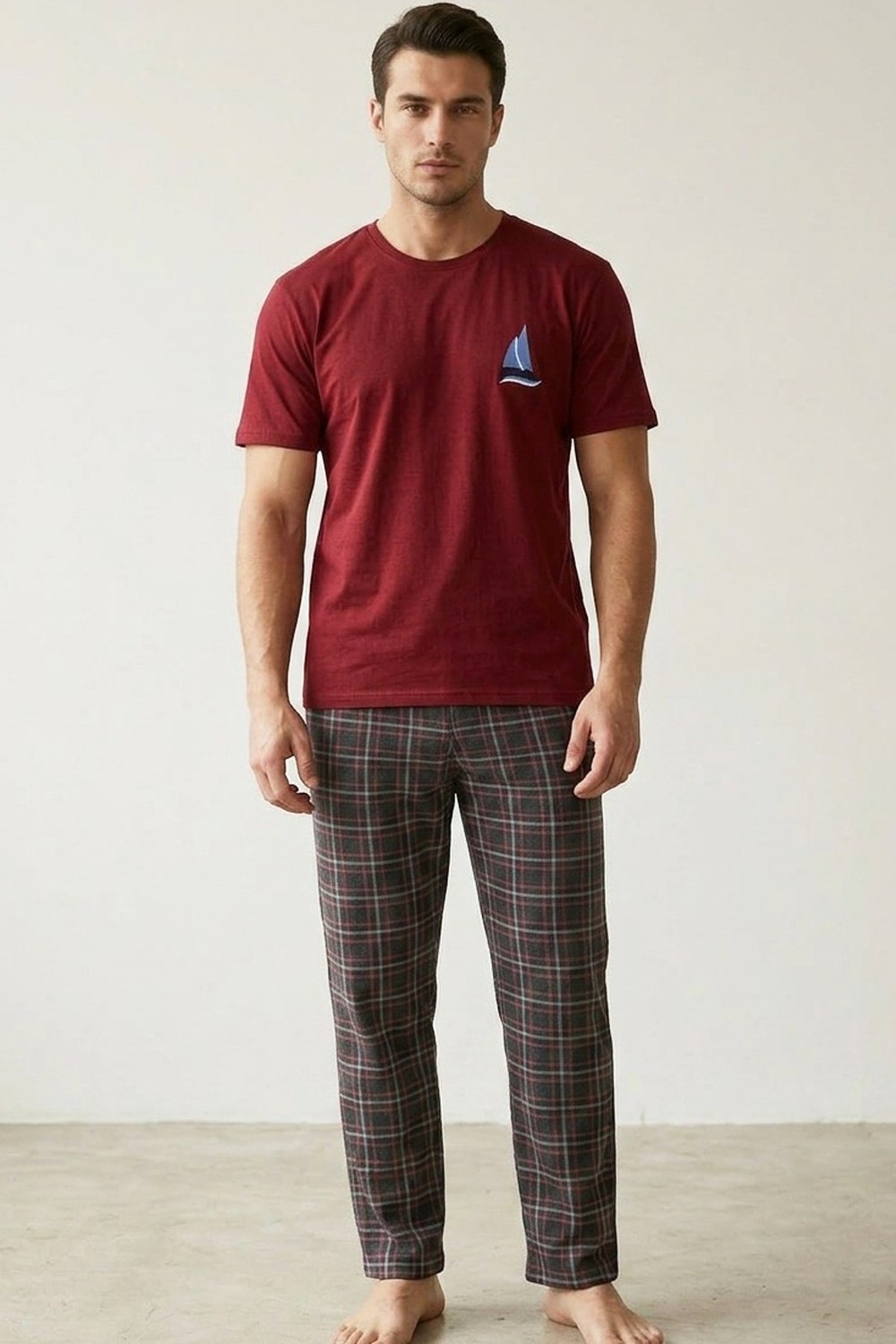 Siyah İnci Gri Lacivert Ekose Desenli Baskılı Örme Kısa Kollu Pijama Takım 8006 görsel 2