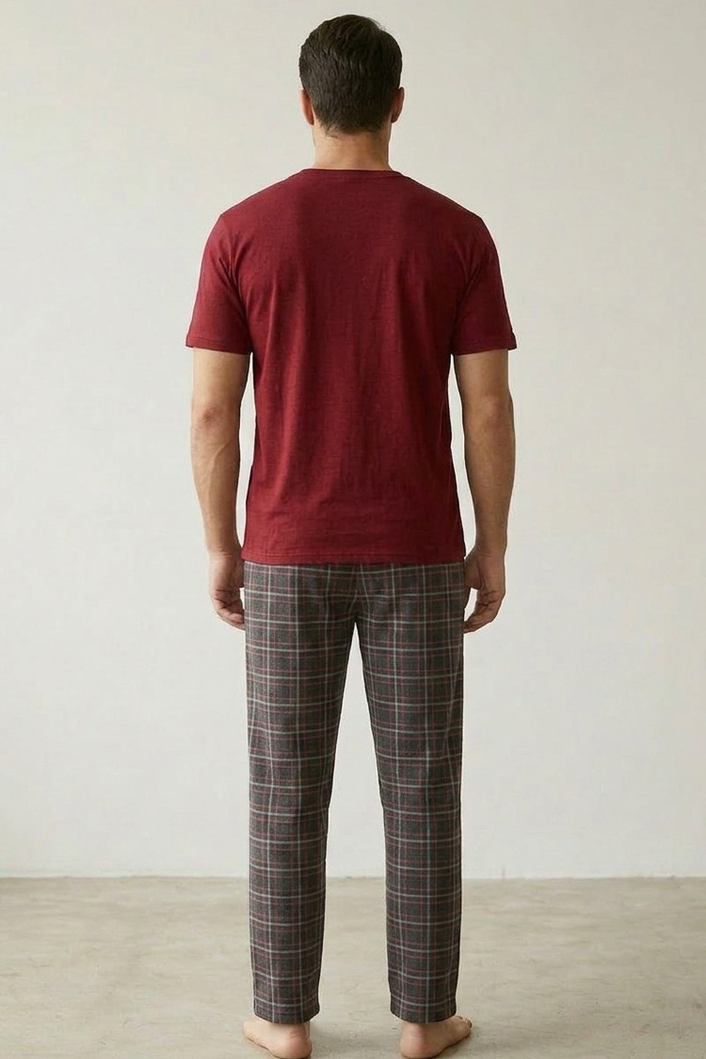 Siyah İnci Gri Lacivert Ekose Desenli Baskılı Örme Kısa Kollu Pijama Takım 8006 görsel 3