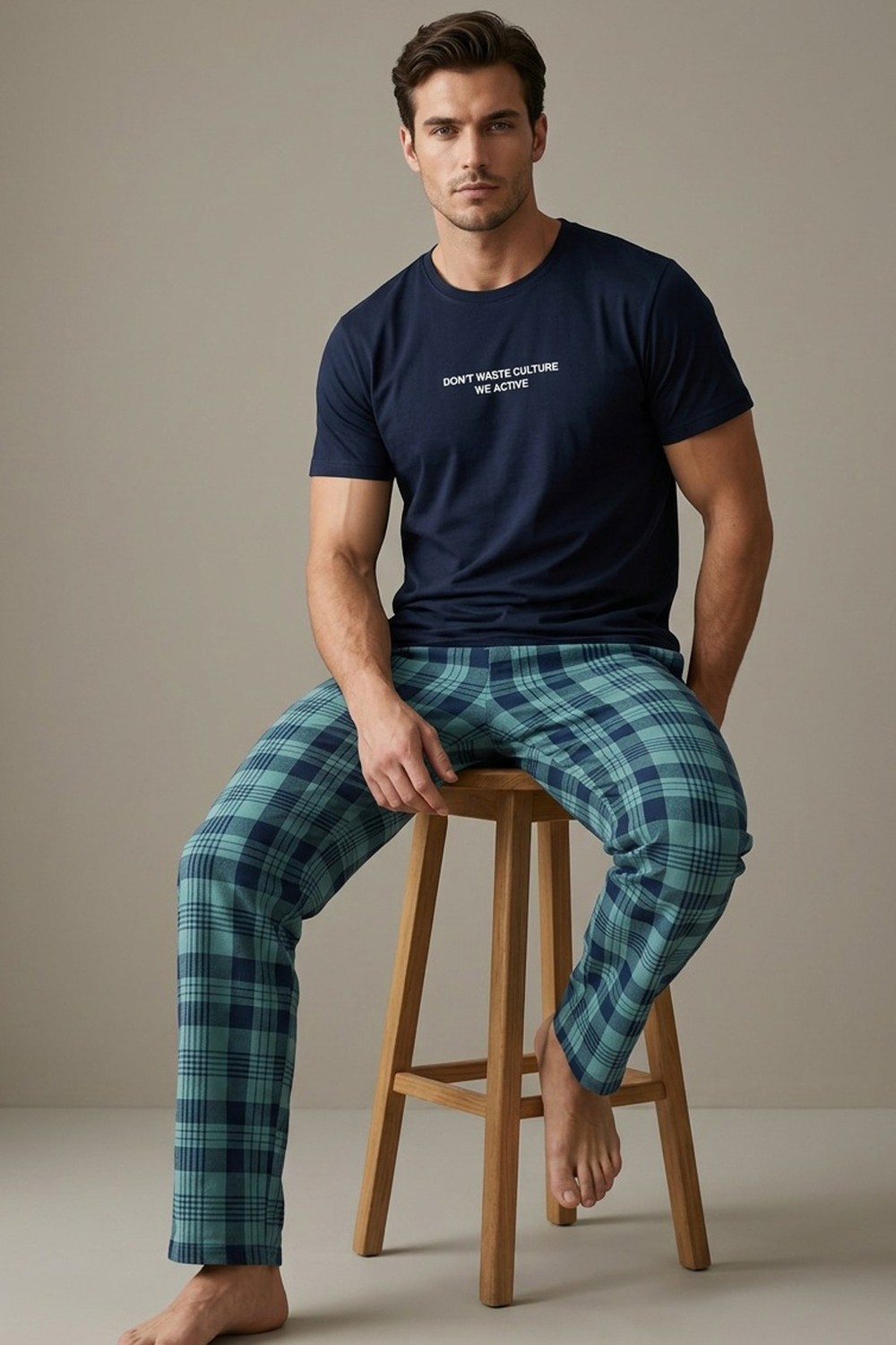 Siyah İnci Gri Lacivert Ekose Desenli Baskılı Örme Kısa Kollu Pijama Takım 8006 görsel 4