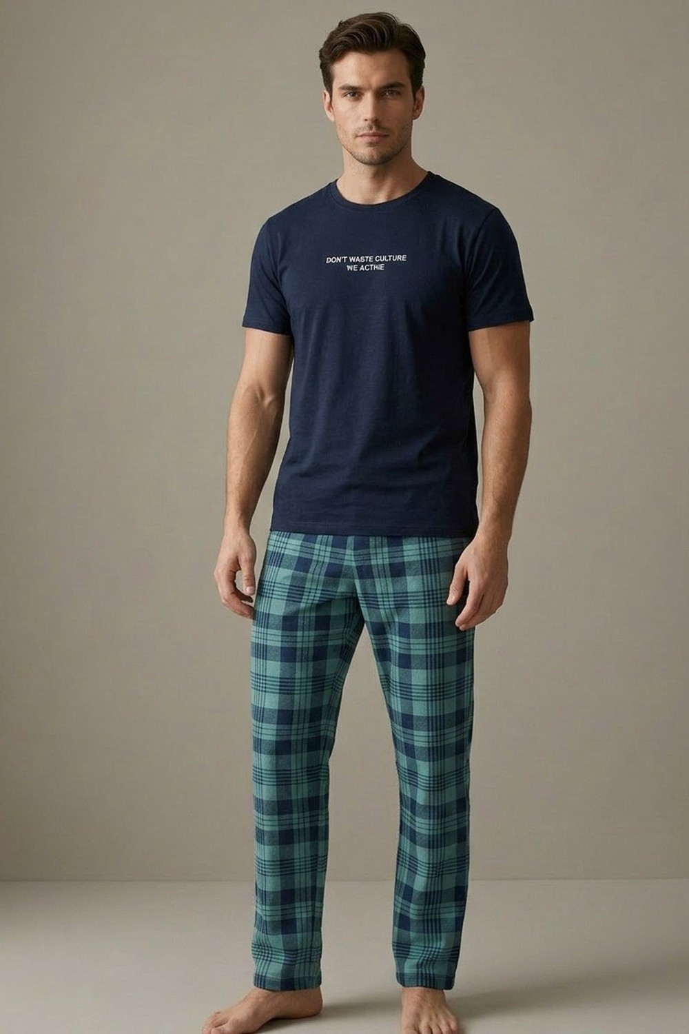 Siyah İnci Gri Lacivert Ekose Desenli Baskılı Örme Kısa Kollu Pijama Takım 8006 görsel 5