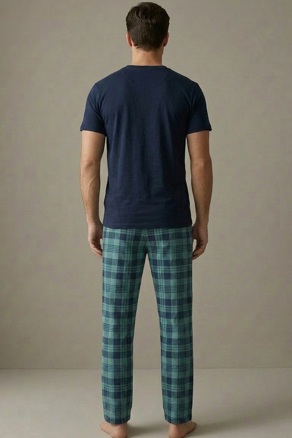 Siyah İnci Gri Lacivert Ekose Desenli Baskılı Örme Kısa Kollu Pijama Takım 8006 görsel 6