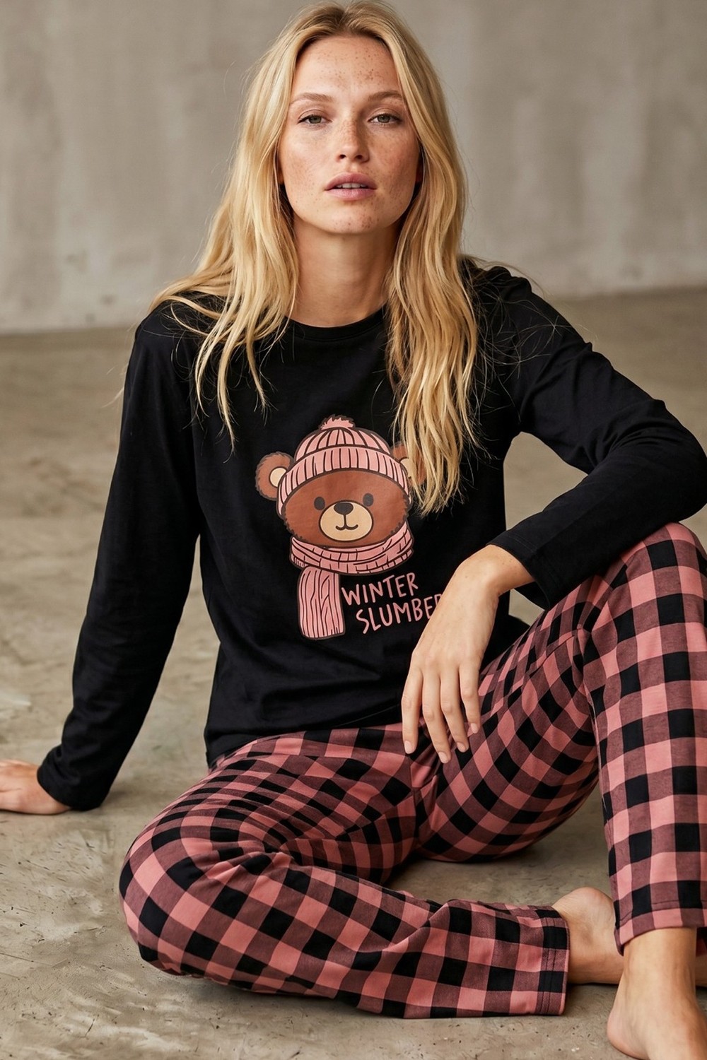 Siyah İnci Siyah Pembe Ekose Baskılı Örme Pamuklu Pijama Takımı 8027