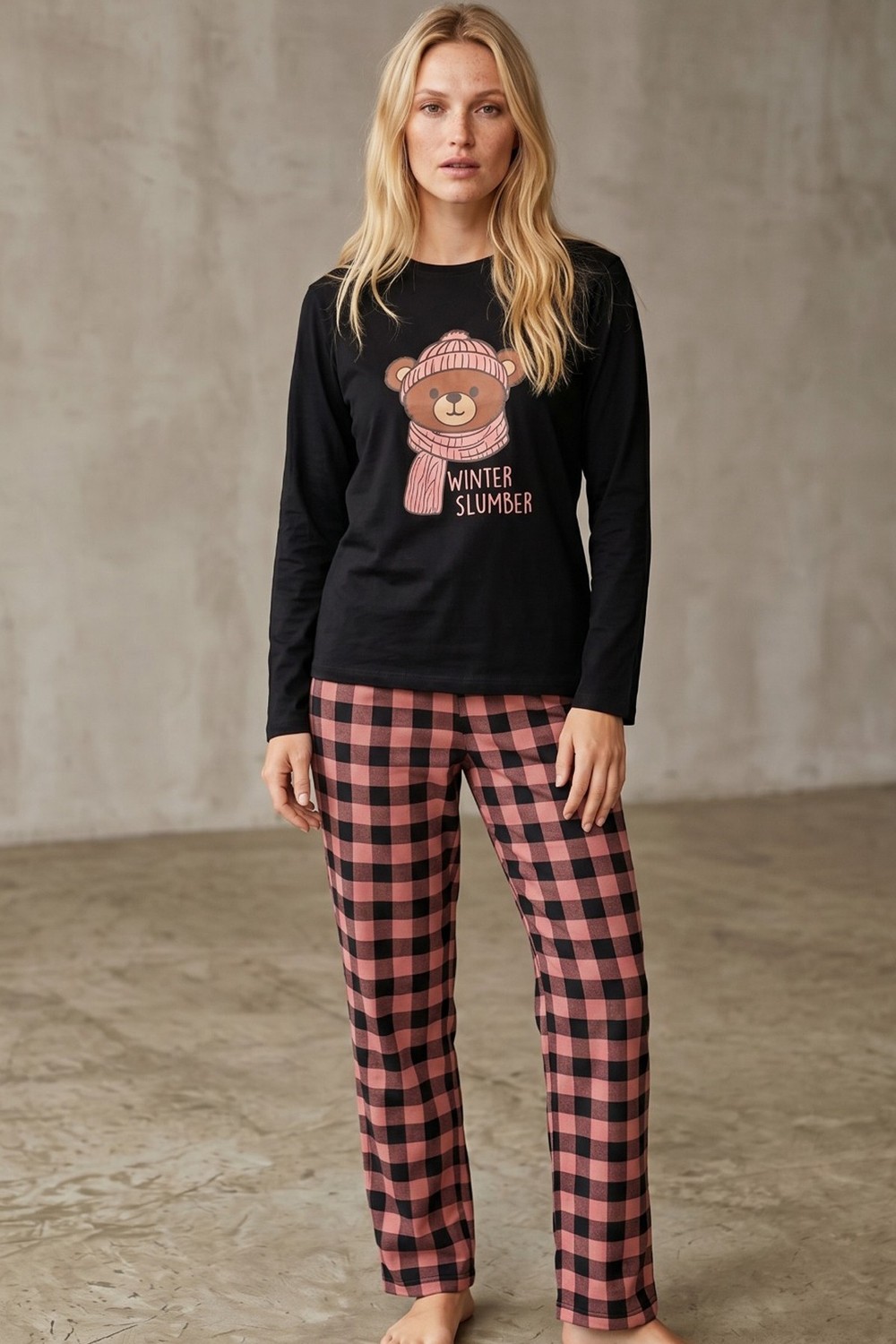 Siyah İnci Siyah Pembe Ekose Baskılı Örme Pamuklu Pijama Takımı 8027 görsel 2