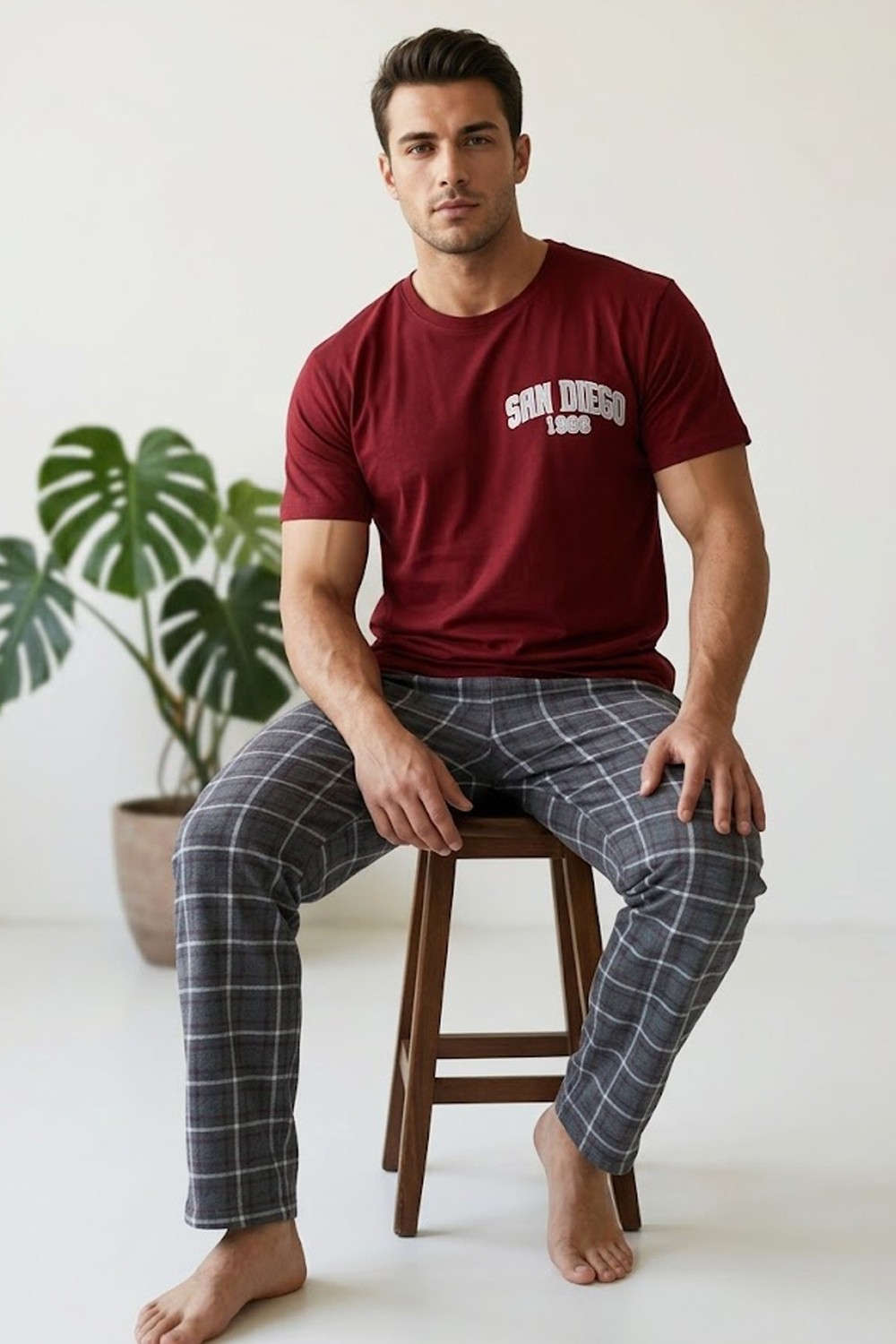 Siyah İnci Bordo Füme Ekose Desenli Baskılı Örme Kısa Kollu Pijama Takım 8004 görsel 7