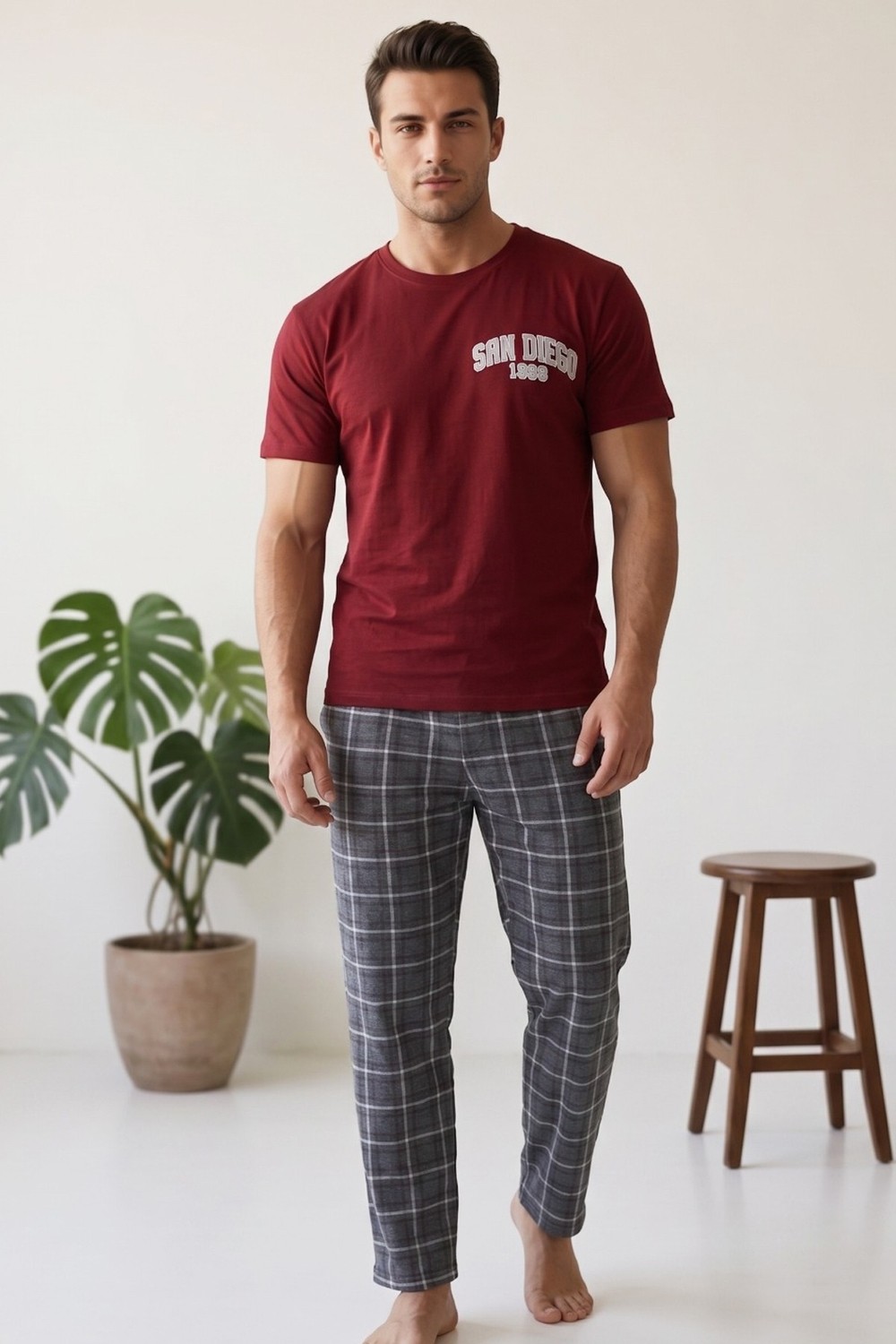 Siyah İnci Bordo Füme Ekose Desenli Baskılı Örme Kısa Kollu Pijama Takım 8004 görsel 8