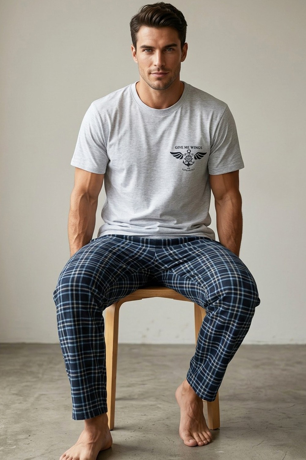 Siyah İnci Gri Lacivert Ekose Desenli Baskılı Örme Kısa Kollu Pijama Takım 8006
