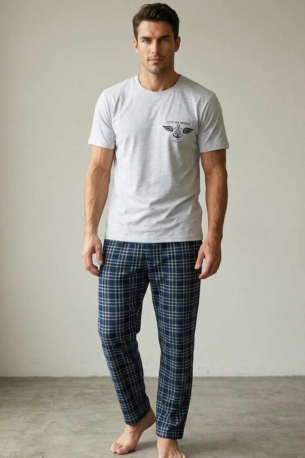 Siyah İnci Gri Lacivert Ekose Desenli Baskılı Örme Kısa Kollu Pijama Takım 8006 görsel 8