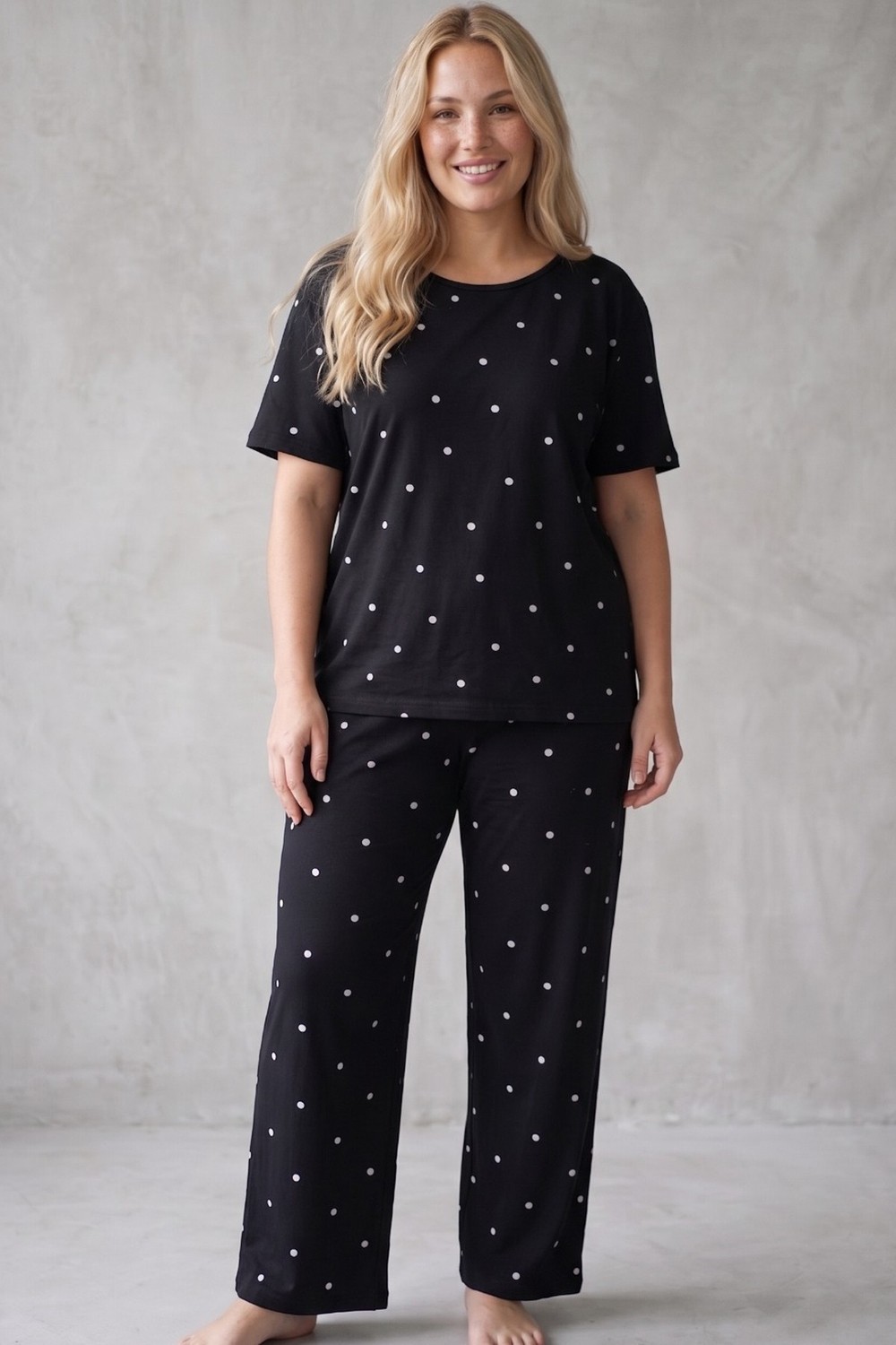 Siyah İnci Beyaz Somon Leopar Desenli Büyük Beden Battal Örme Pijama Takım 7614 görsel 5